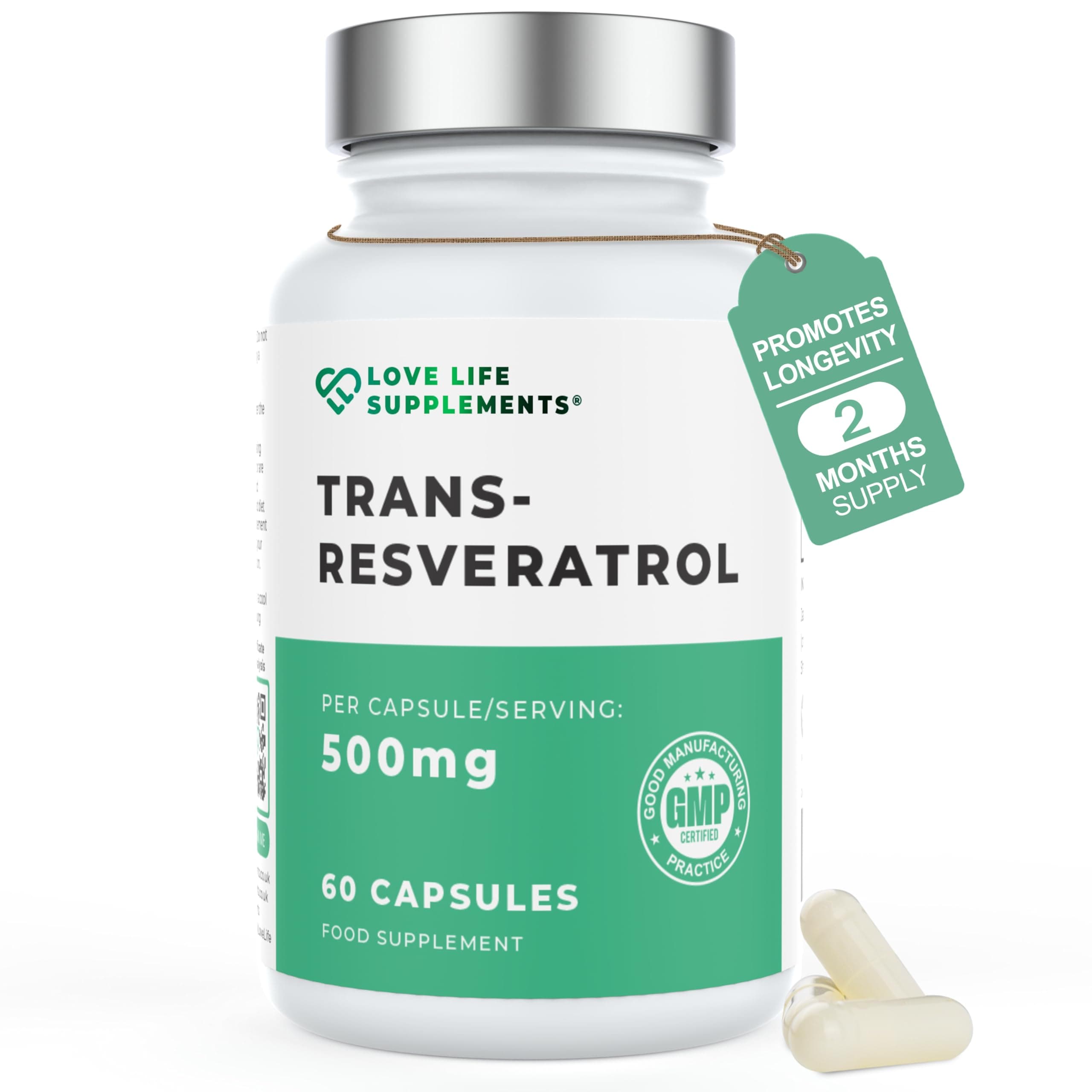 Trans-Resveratrol 500mg, 98% Purity, 60 Vegan Capsules, High Strength Polyphenol Antioxidant from Japanese Knotweed, 3rd Party Tested, Anti Ageing, Skin, Heart & Brain Health, Love Life Supplements
