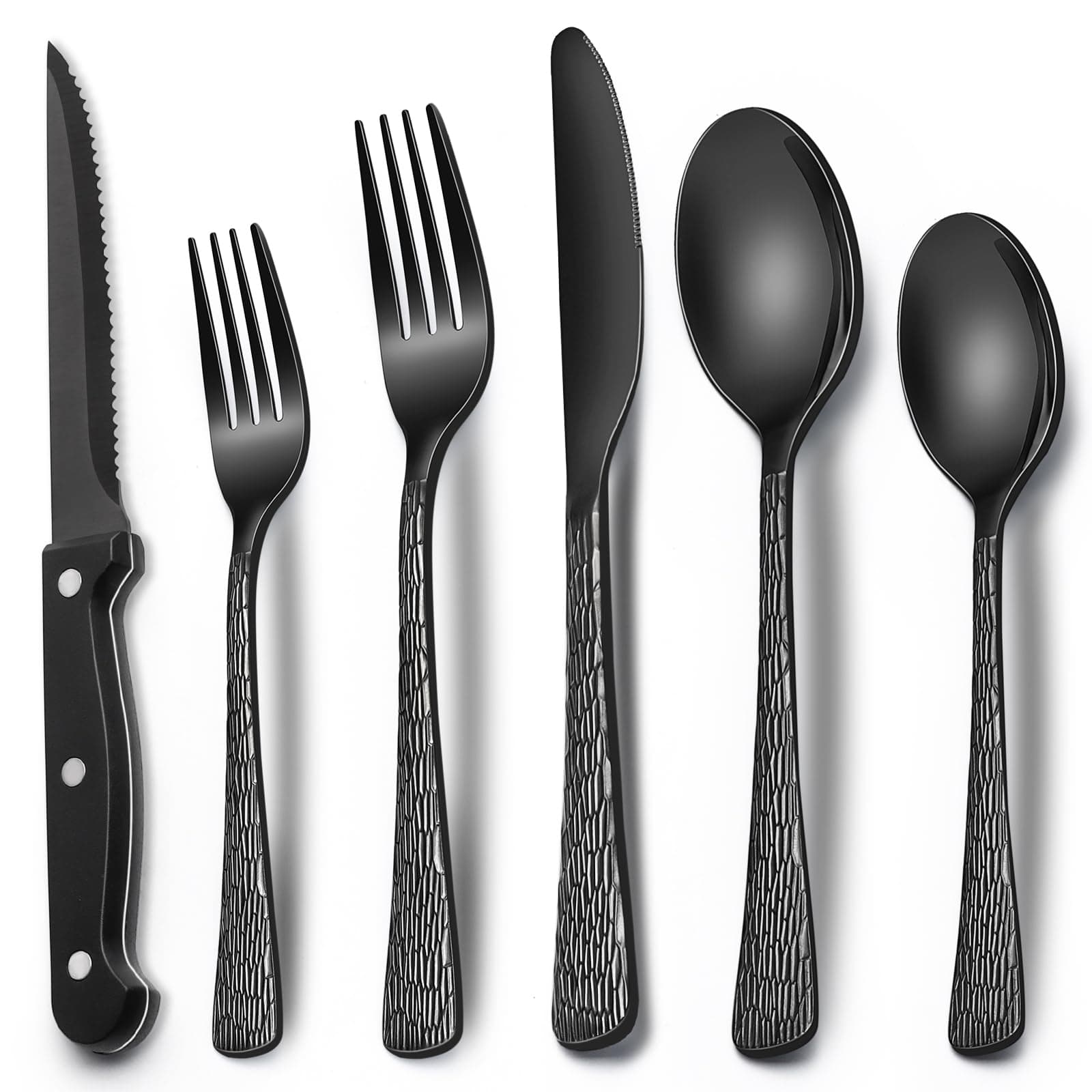 Black Hammered Silverware Set With Steak Knives, 24-Piece Stainless Steel Tree Pattern Flatware for 4, Food-Grade Tableware Cutlery, Utensil Set for Home Restaurant, Mirror Finish