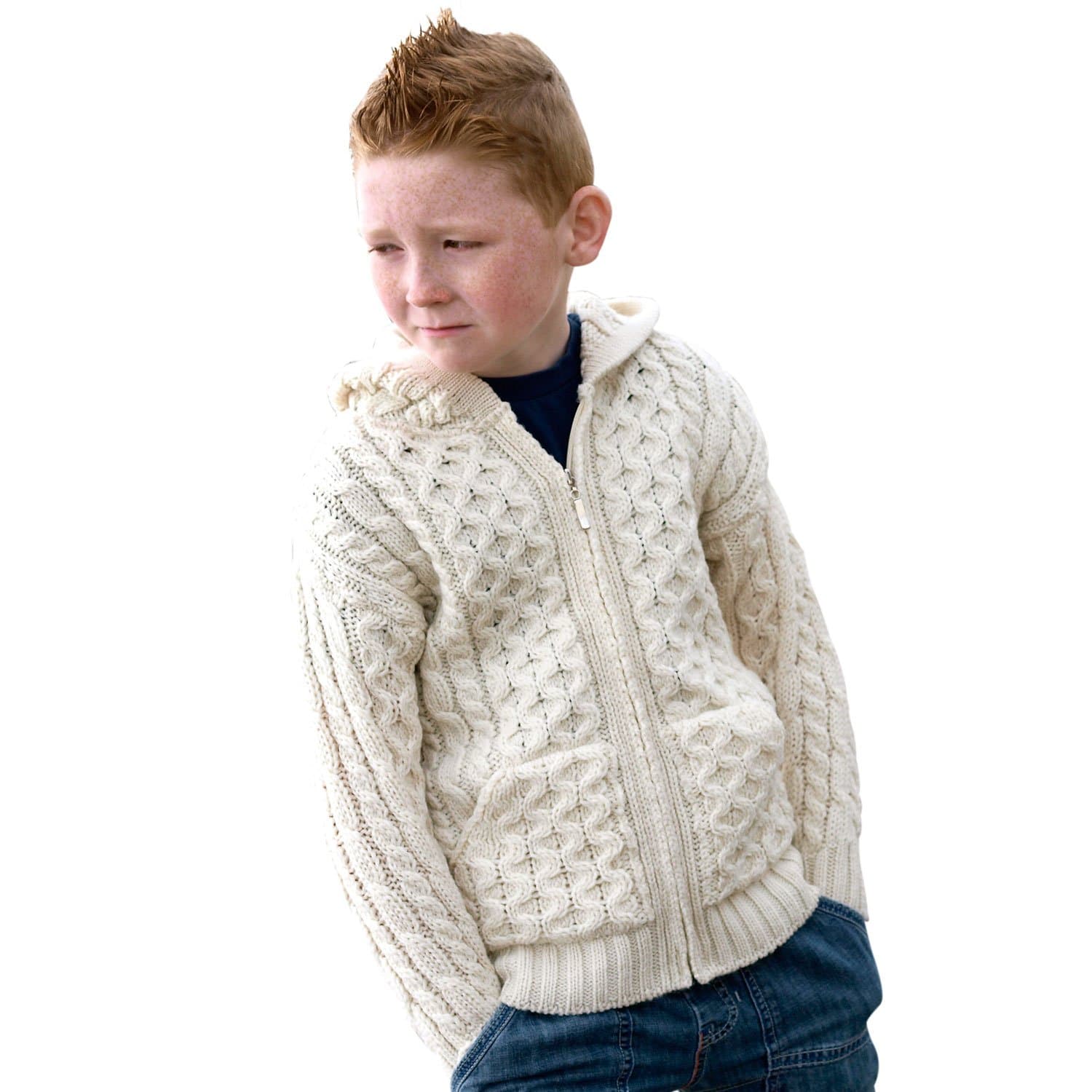 100% Irish Merino Wool Ecru Natural Hooded Zip Sweater 8-11 yrs