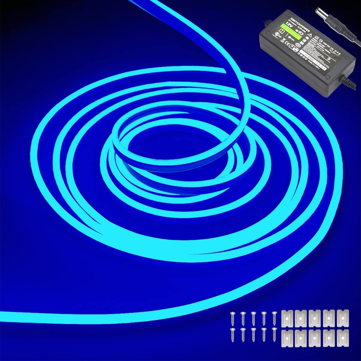Kalakila 16.4ft/5m Blue neon Light,12v Waterproof Flexible Neon LED Strip Light for Bedroom Room Outdoors Decor(with power adapter)