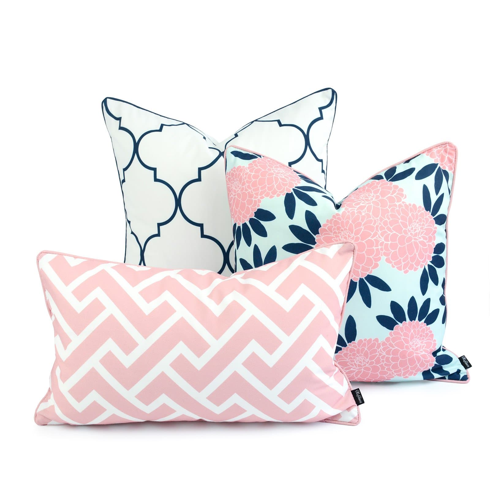 Hofdeco Spring Indoor Outdoor Pillow Cover ONLY, Water Resistant for Patio Lounge Sofa, Navy Pink Moroccan Maze Floral, 18"x18" 20"x20" 12"x20", Set of 3
