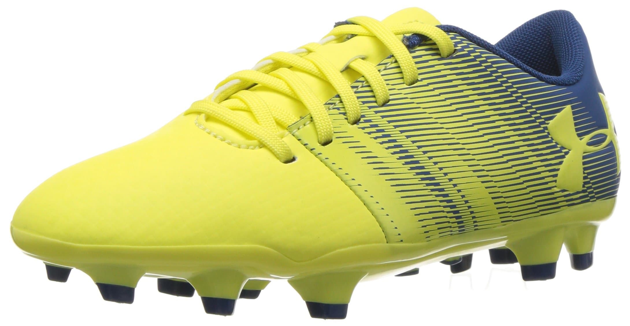 Under Armour Kids' Spotlight DL Jr. Firm Ground Soccer Shoe, Tokyo Lemon (300)/Moroccan Blue, 5