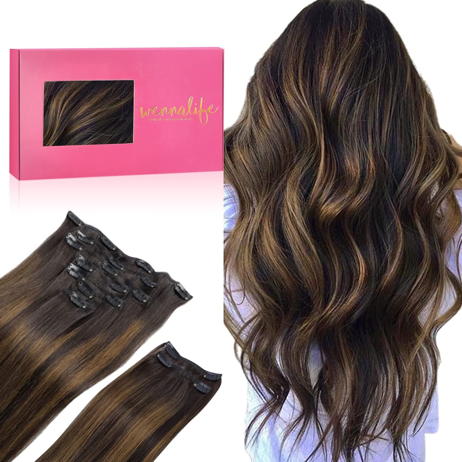WENNALIFE Clip in Hair Extensions, 150g 16 Inch 9pcs Balayage Dark Brown to Chestnut Brown Human Hair Extensions Thicker Clip in Hair Extensions Real Human Hair Clip Set Double Weft