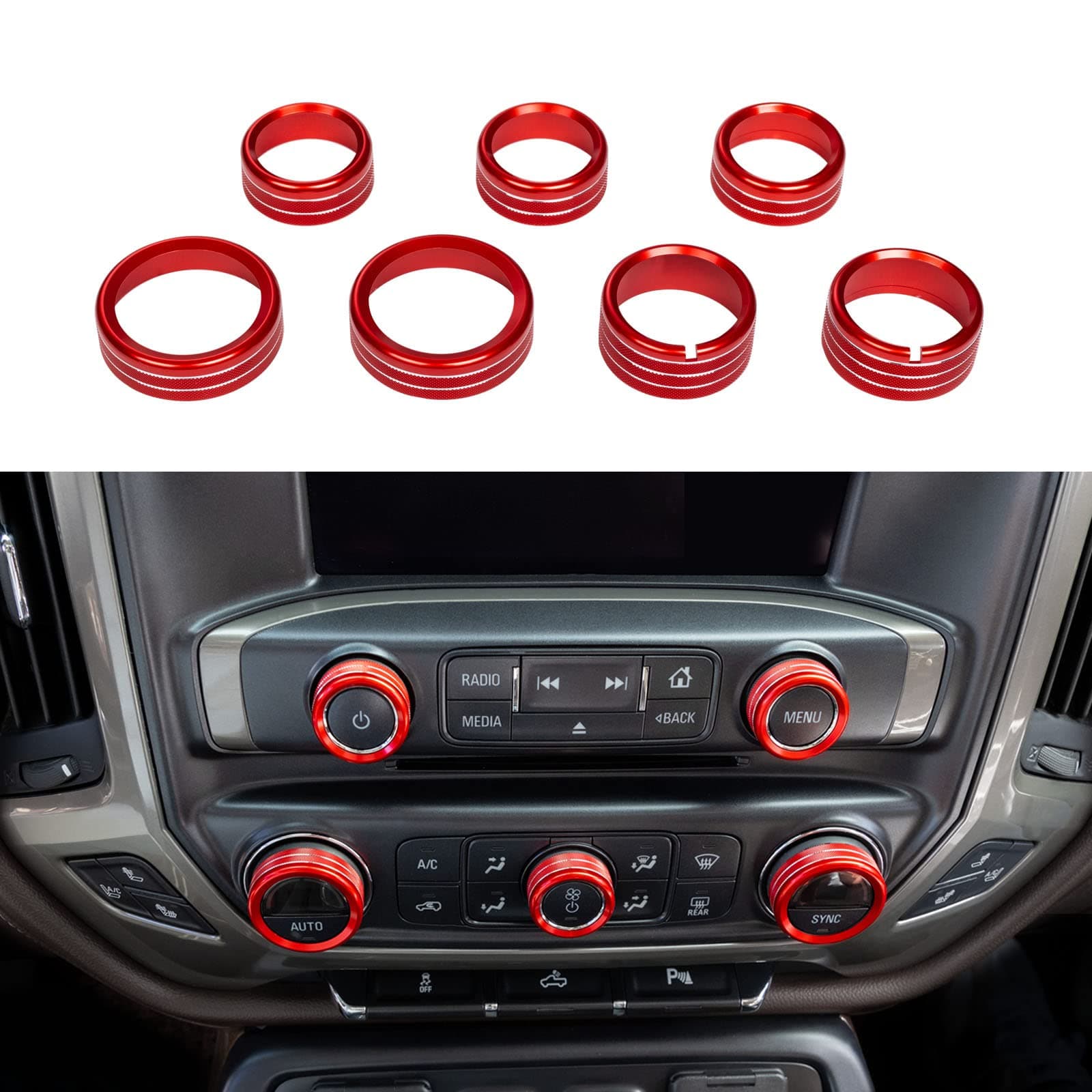 JKCOVER Center Console Button Knobs Cover Compatible with 2014 2015 2016 2017 2018 Chevy Silverado/GMC Sierra Air Conditioner Control Switch Knob Cover (Red, 7 Pcs)