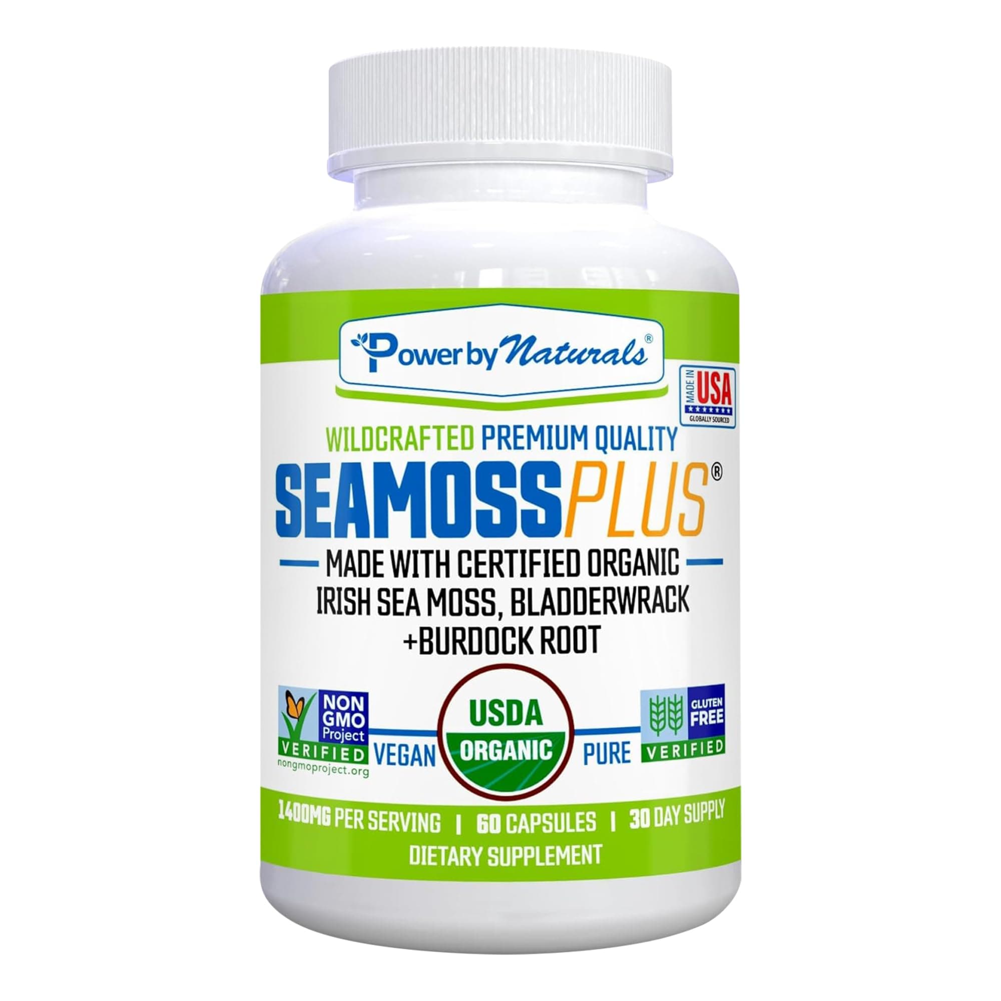 Power By Naturals Sea Moss Plus – USDA Organic Irish Sea Moss Capsules with Bladderwrack & Burdock Root – Immune Support for Adults – Vegan, Non-GMO, Gluten-Free – 60 Capsules (1-Month Supply)