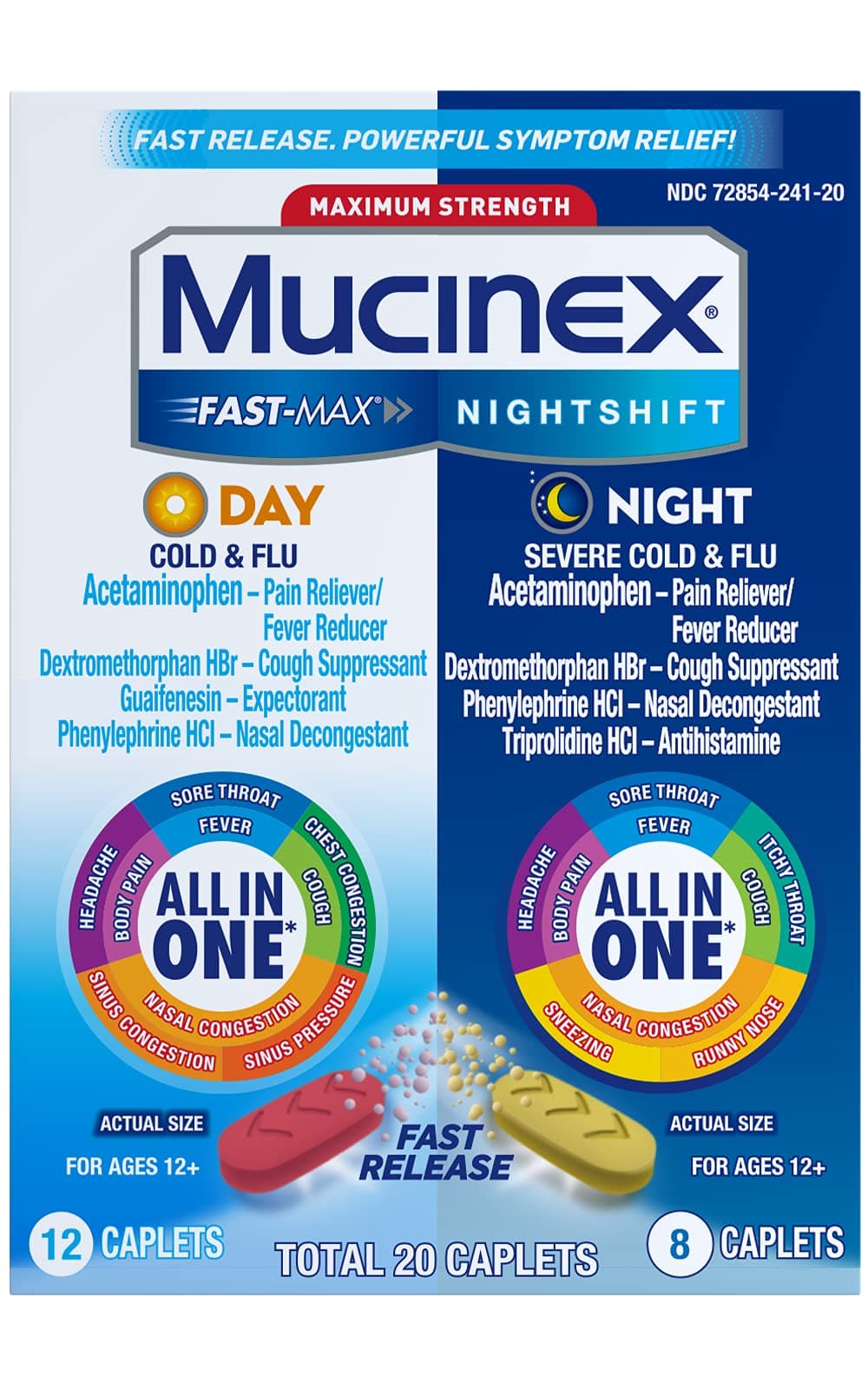 Maximum Strength Fast-Max Day Cold & Flu & Nightshift Night Severe Cold & Flu All in One, Fast Release, Powerful Multi-Symptom Relief, 20 caplets (12 Day time + 8 Night time)