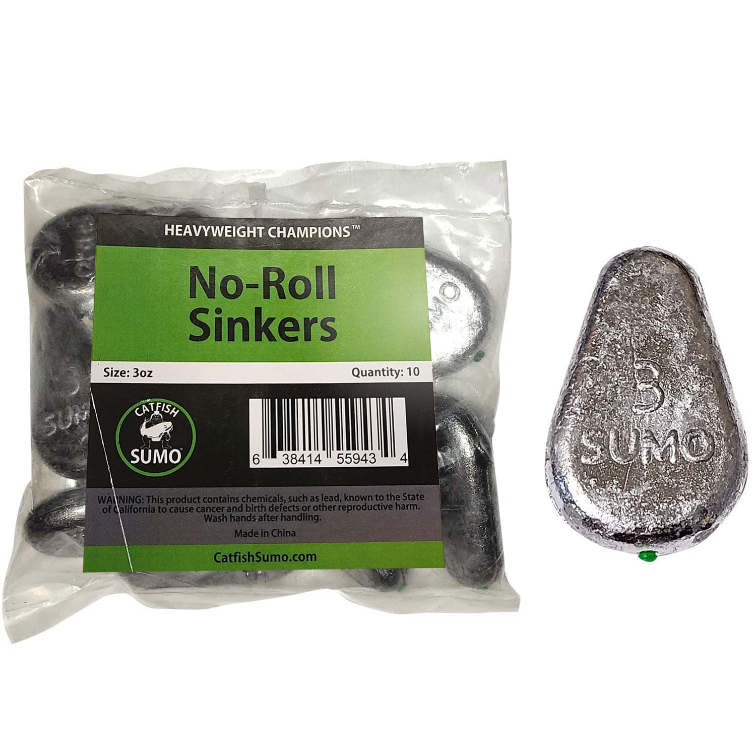 Catfish Sumo 3oz Flat No-Roll Sinker Weights with Line-Protecting Inserts to Guard Against Damage in River (10-Pack)