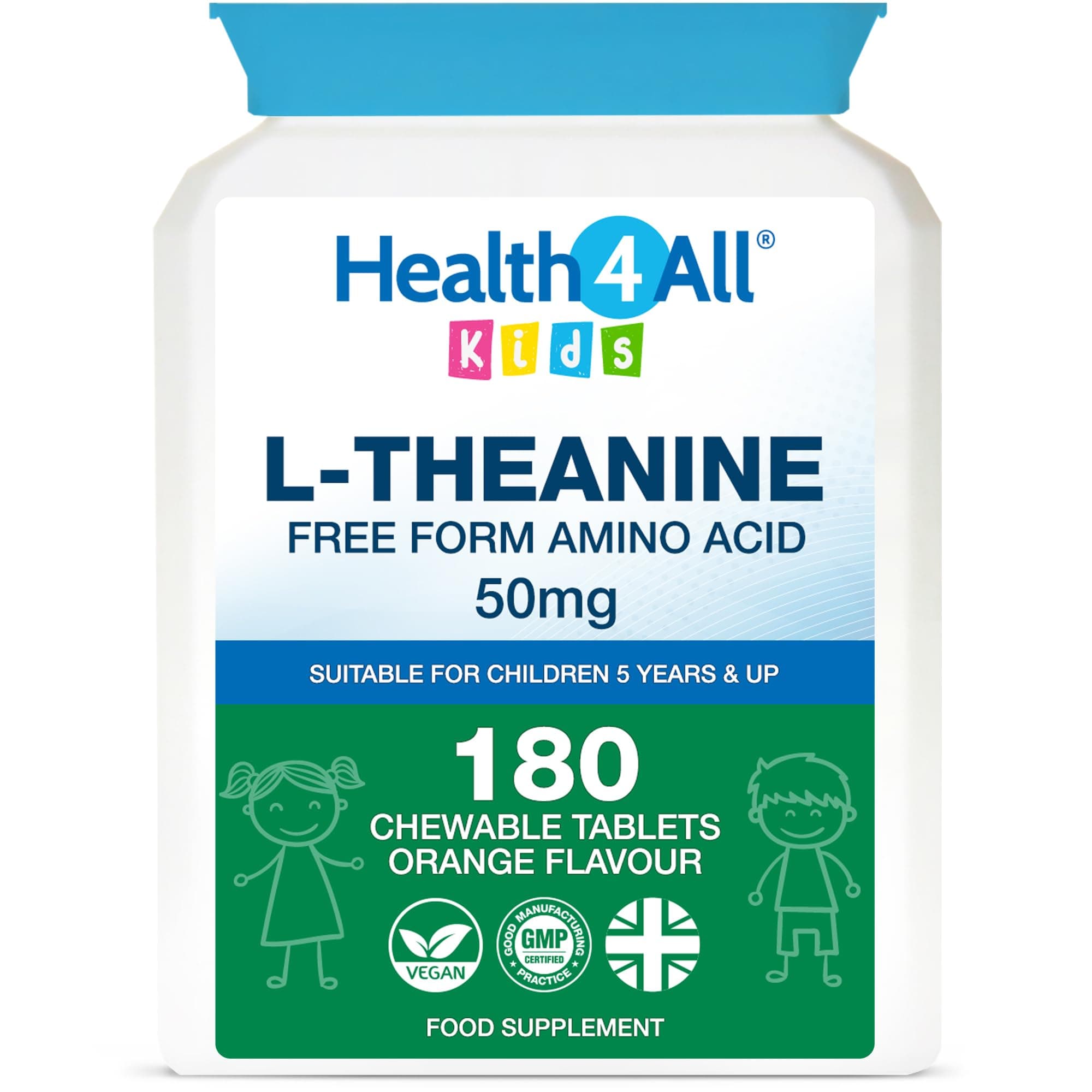 Health4All Kids L-Theanine 50mg 180 Chewable Tablets 6 Months Supply, Supports Focus, Attention & Concentration in Children, Orange Flavour Sugar-Free L-Theanine Supplement | Made in UK (not Gummies)
