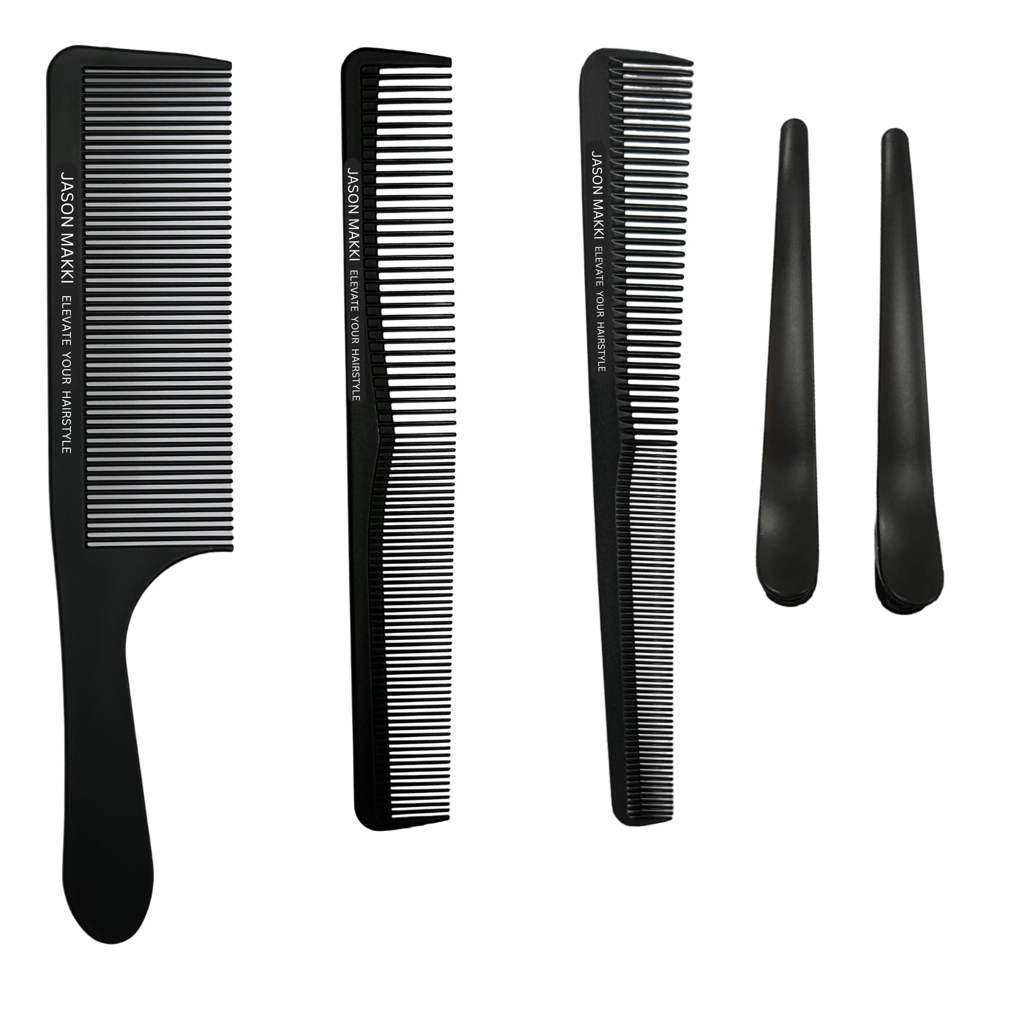 JASON MAKKI Pro 5-Piece Barber Comb Set – Heat-Resistant up to 240°C for Keratin & Hair Ironing – Carbon Cutting Combs + Sectioning Clips – Anti-Static, Durable Styling Tools (Black)