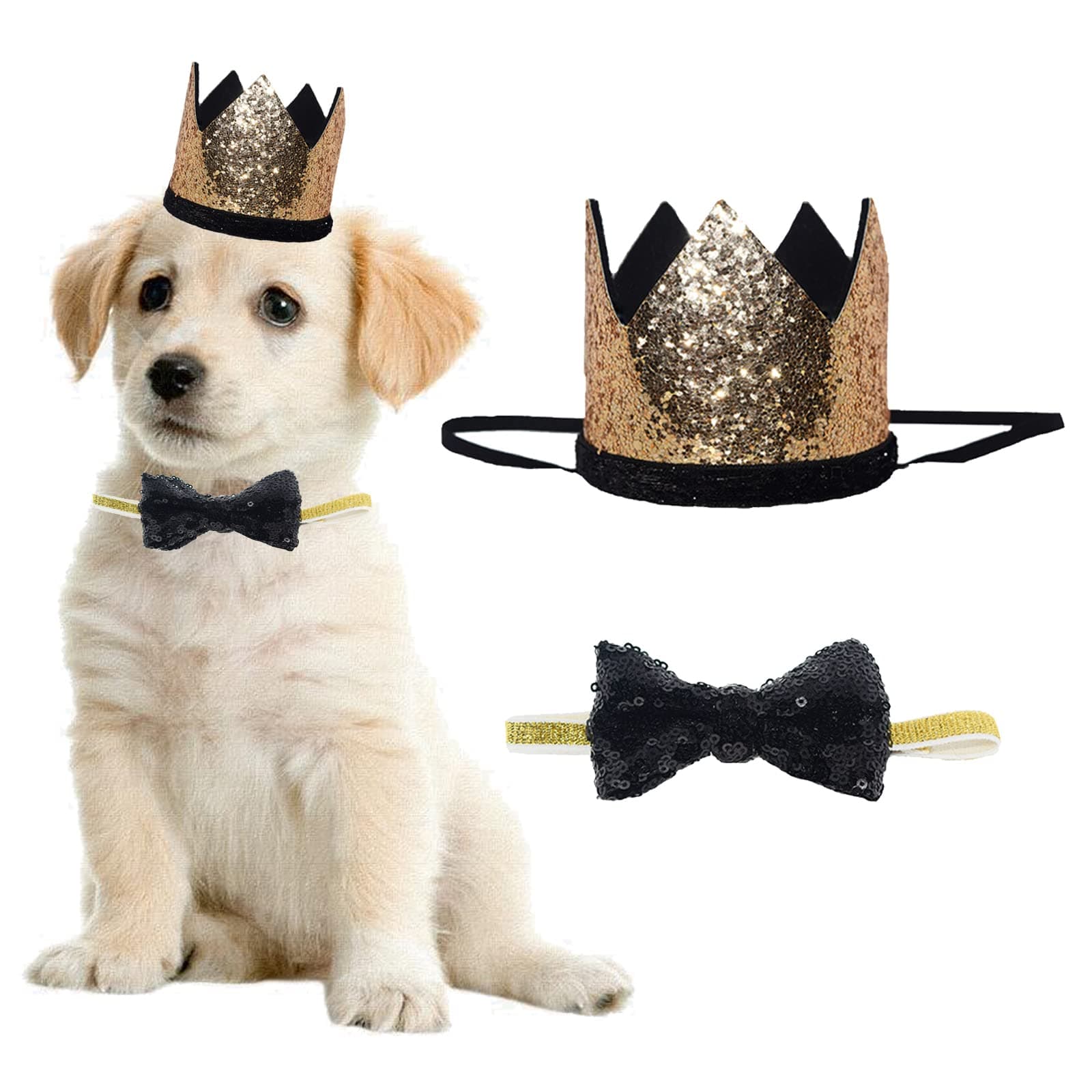 Cute Pet Birthday Crown Hat and Bow tie Collar Set for Dog Cat Birthday Party Supplies (Gold)
