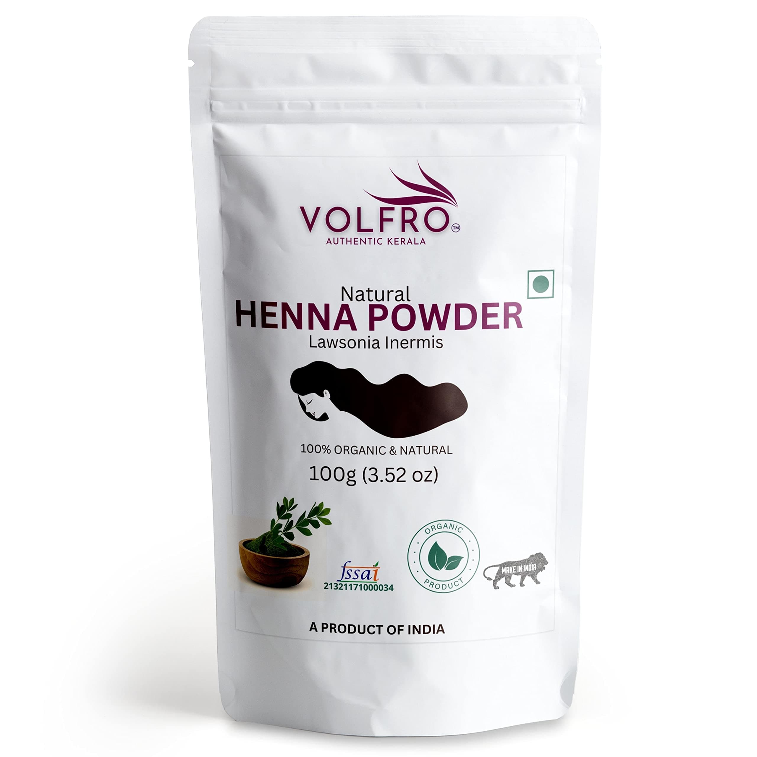 VOLFRO Pure Henna Powder for Hair (100g) - Natural Hair Coloring, Conditioning, and Nourishment - product by Authentic Kerala