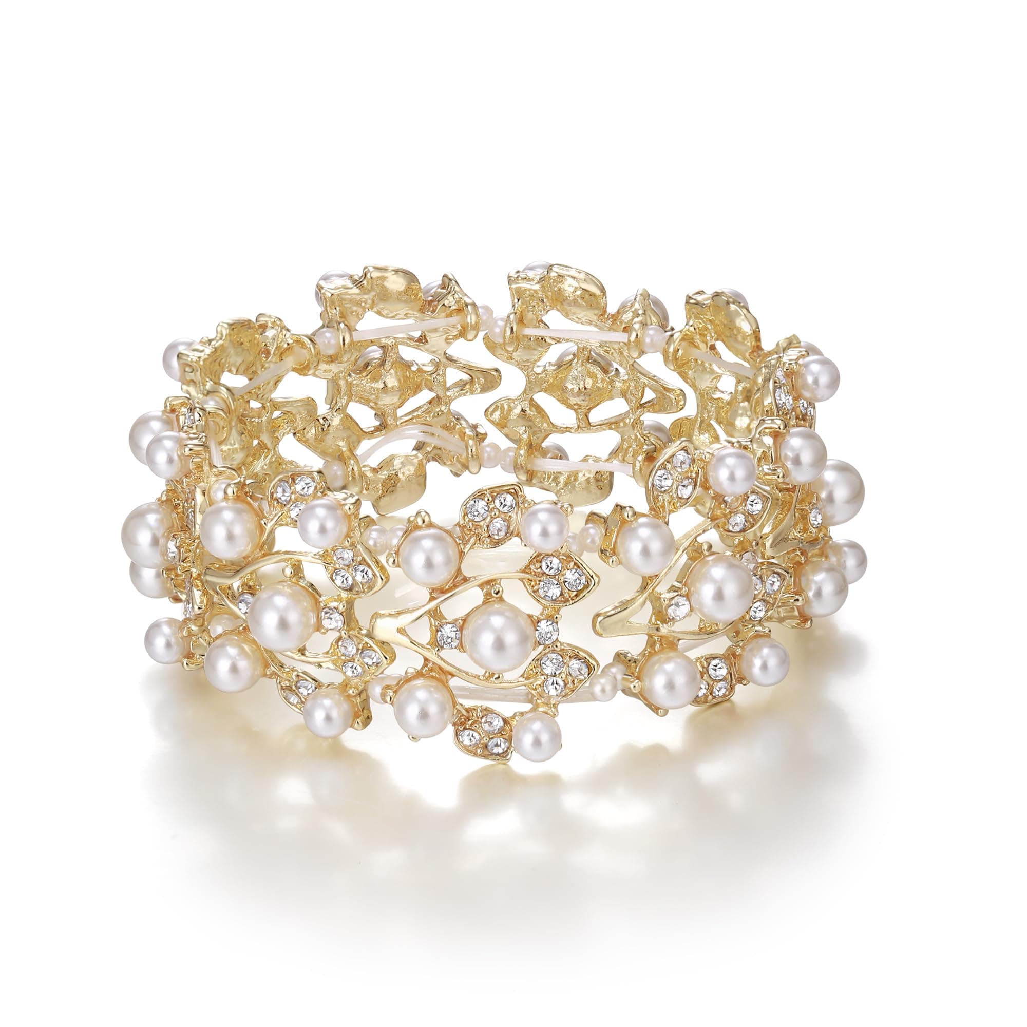 Crystal Cream Simulated Pearl 1920's Style Leaf Wedding Prom Stretch Bracelet for Women