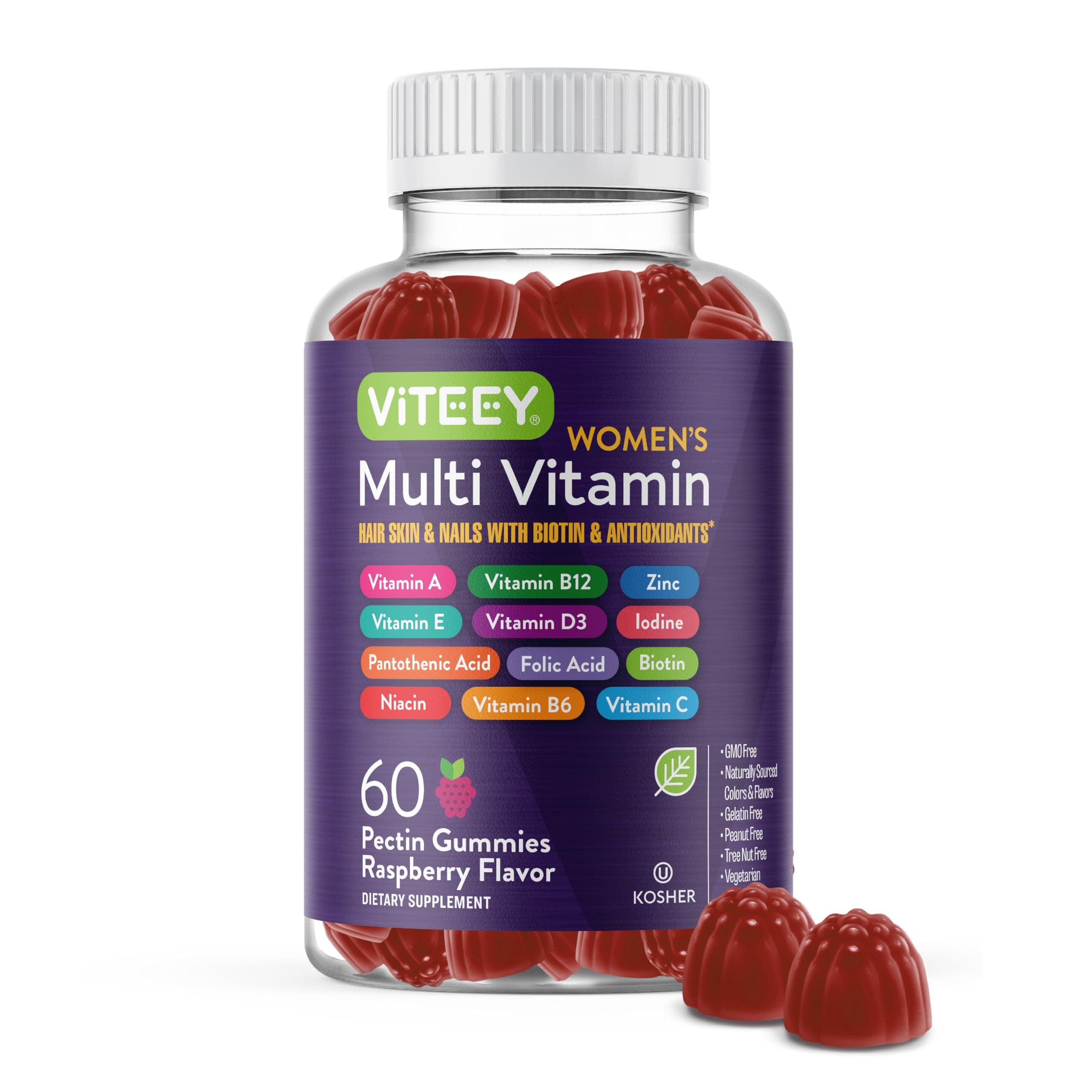Viteey Womens Multivitamin Gummies - Immune Support - 12 in 1 Essential Vitamins & Minerals - Vitamin A, C, D3, E, B6, B12, Folic Acid, Biotin, Calcium, Zinc & More - Vegetarian - Raspberry Flavored