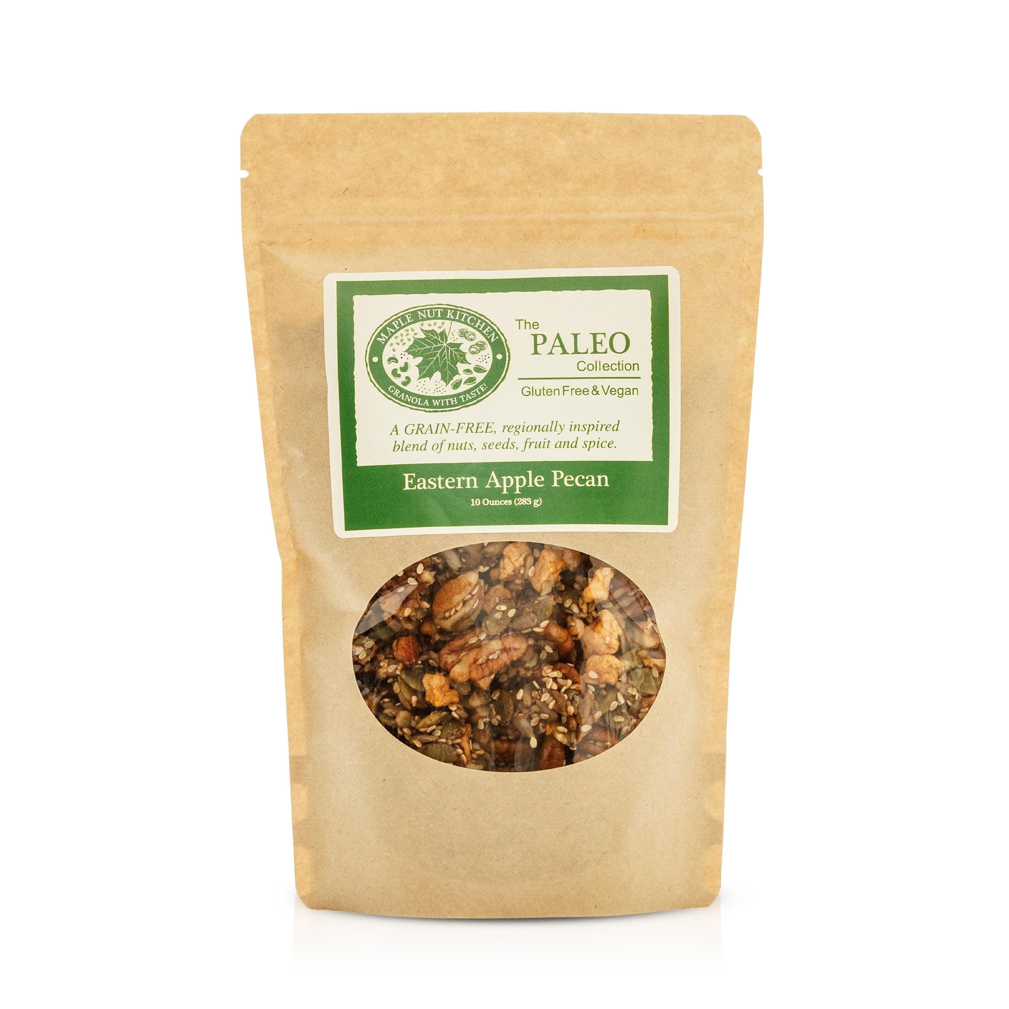 - Maple Nut Kitchen Eastern Apple Pecan Paleo Granola 10 oz – Grain Free, Vegan, Gluten Free, No Sugar Added, Low Carb Granola with Pecans, Pumpkin Seeds & Dried Apples – Clean, Oat Free, Healthy Cereal