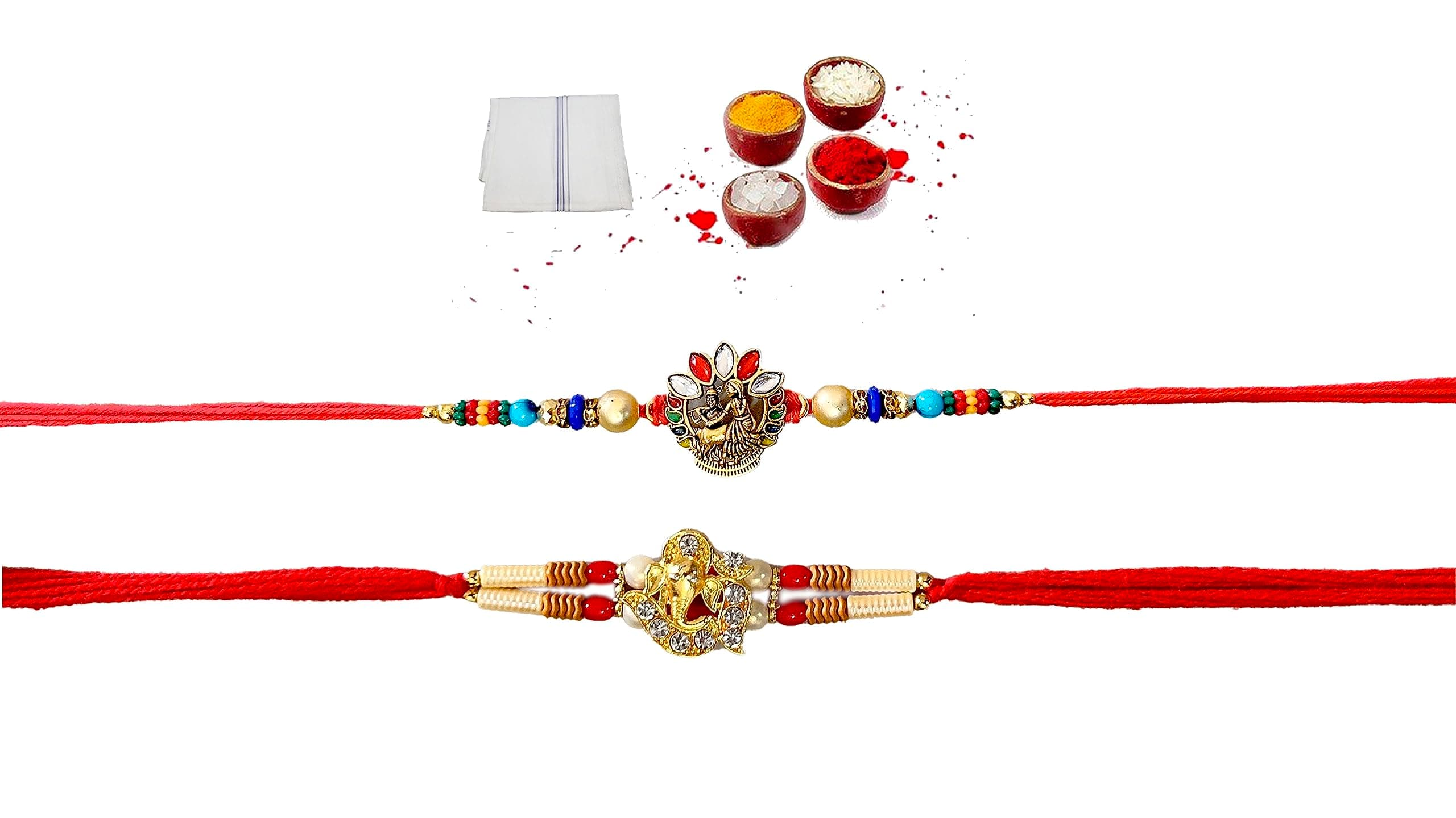 Bandhan Uphaar Rakhi For Brother Set of 2 Designer Rakhi For Brother With 1 Rumal, 1 Greeting Card, Roli & Chawal