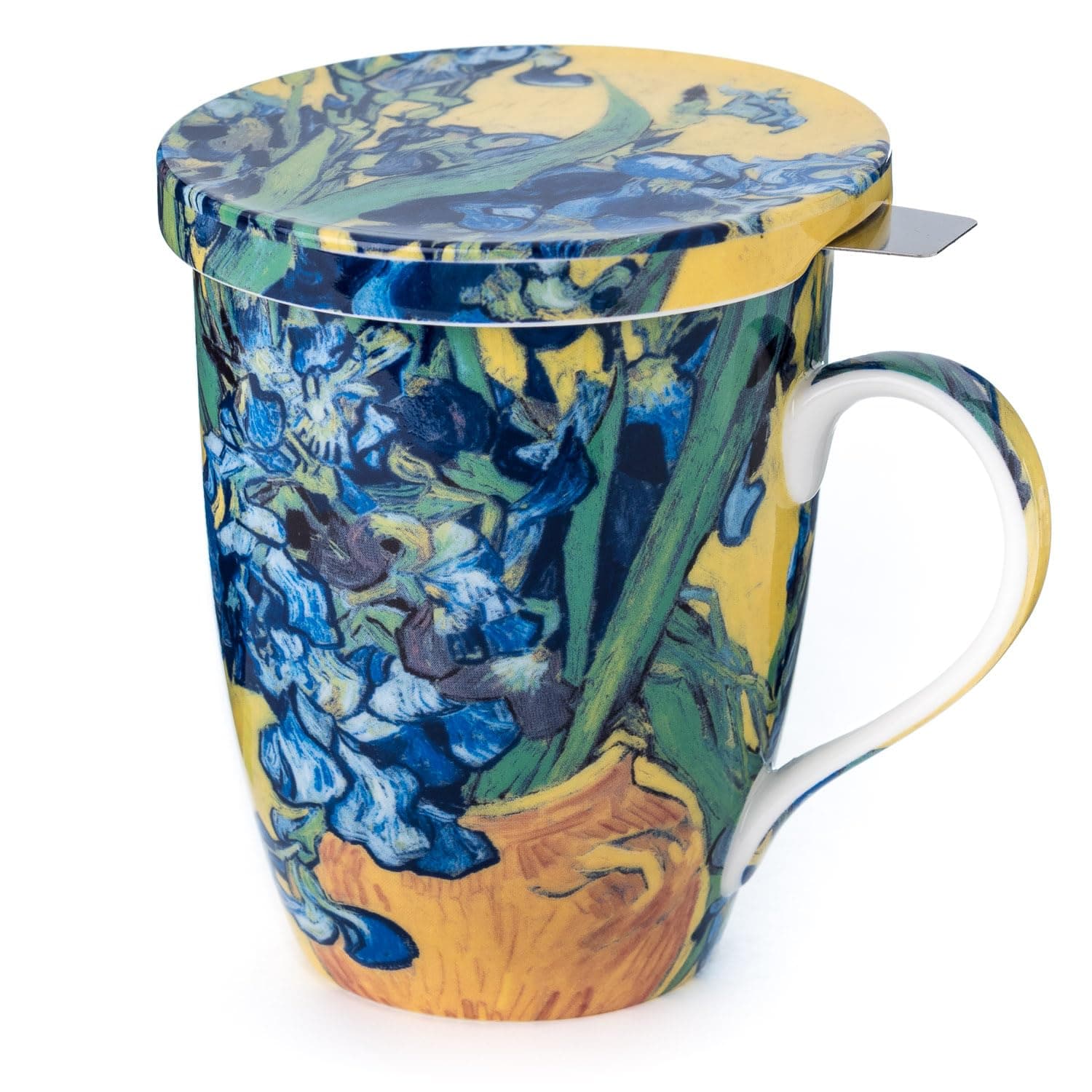 Van Gogh Irises Fine Bone China (15 oz) Tea Mug with Lid and Infuser in Matching Gift Box
