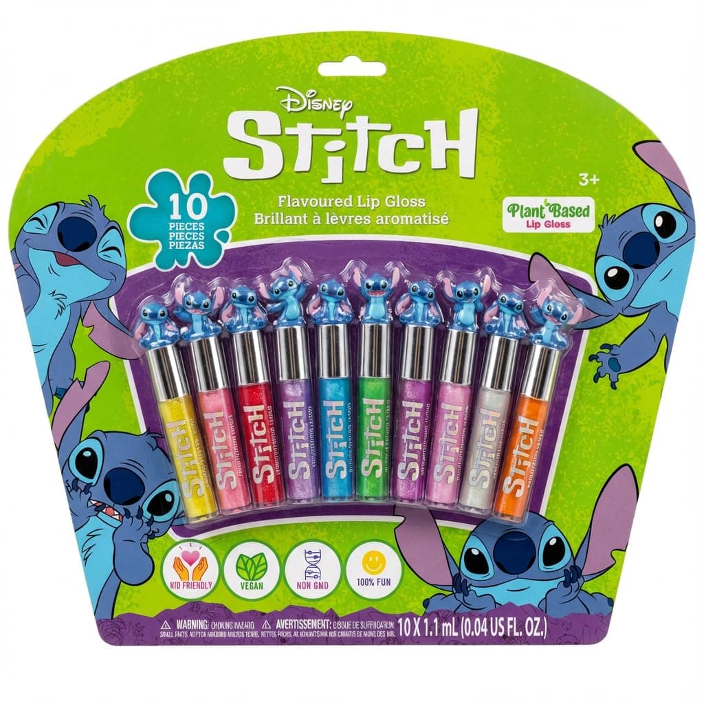 Stitch 10 Piece Plant Based Lip Gloss, Girls Party Favours, First Makeup Set for Girl, Perfect for Parties, Sleepovers and Birthday Gifts, Ages 3+, by Townley Girl