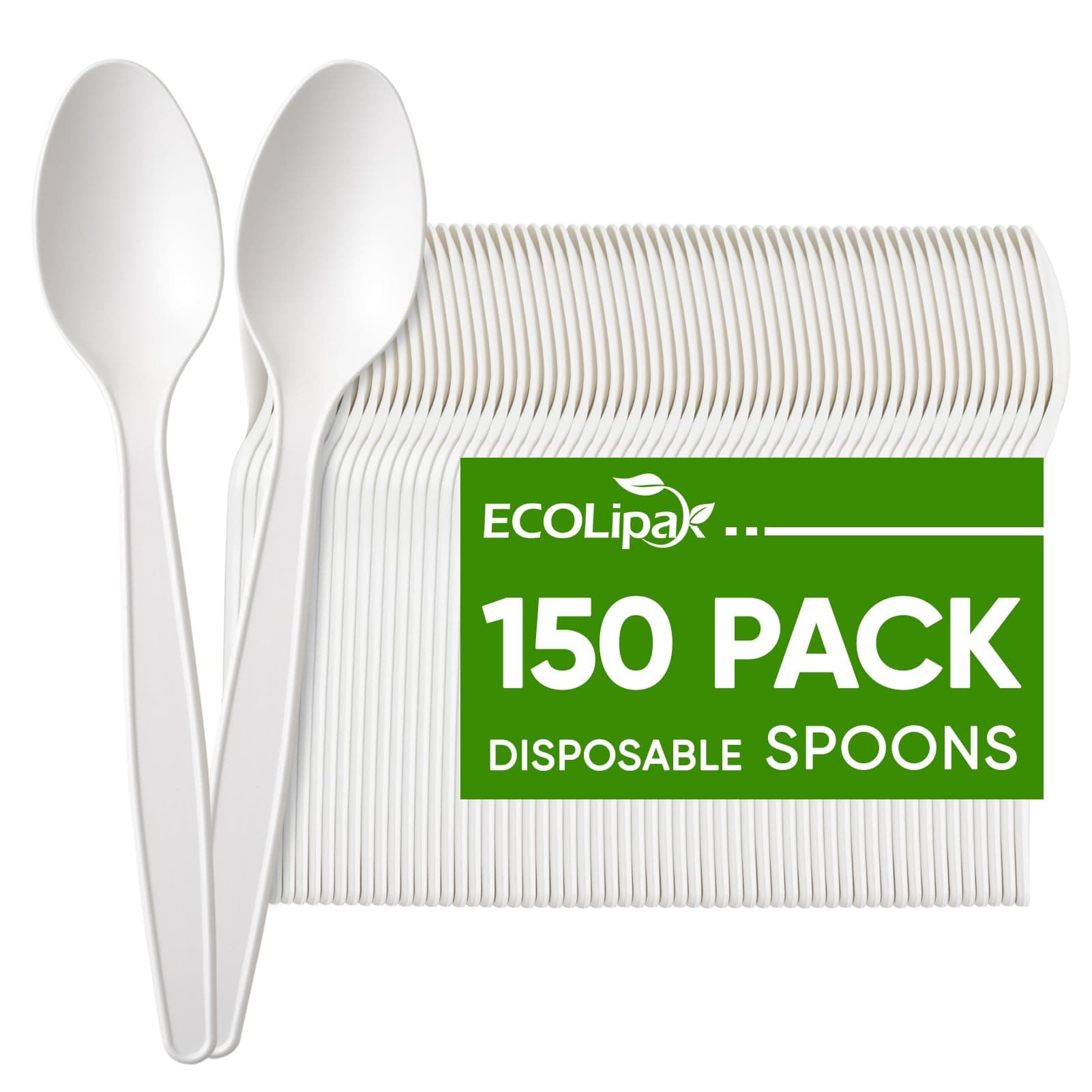 ECOLipak 150 Pcs White Disposable Spoons, 6.7 Inch Large Size Heavy Duty No Plastic Spoons for Party, BBQ, Picnic