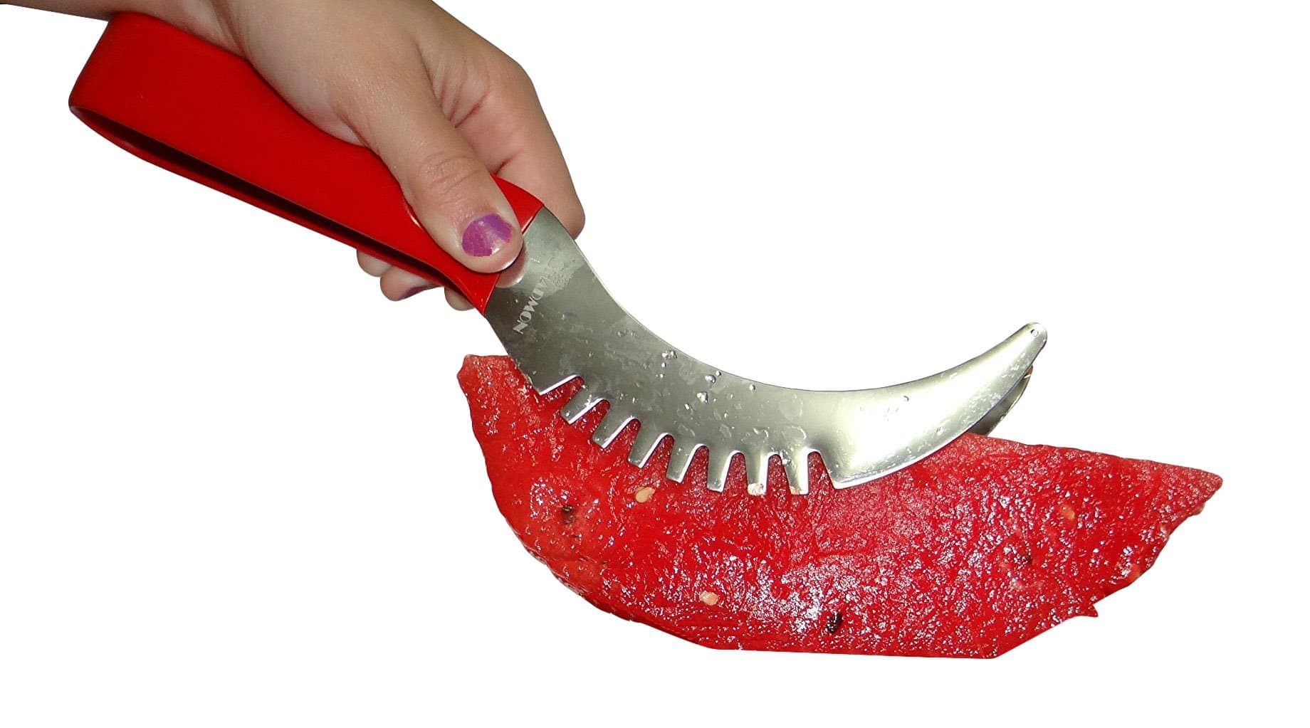 Watermelon Slicer Cutter Corer Server all In 1 for Easy Clean and Safe deploying best quality food grade stainless steel with non slip red handle cover and fruit decorator triangle knife and baller.