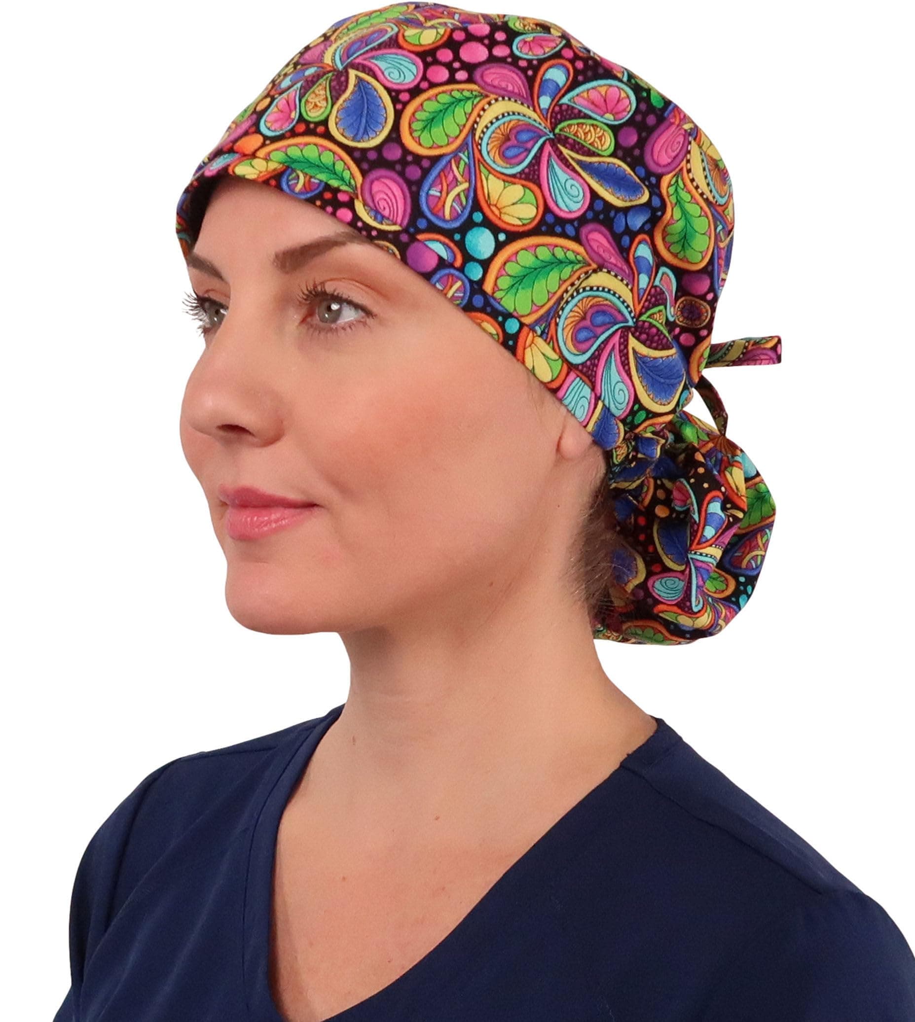 Bright Flower Paisley Big Hair Ponytail Surgical Scrub Cap