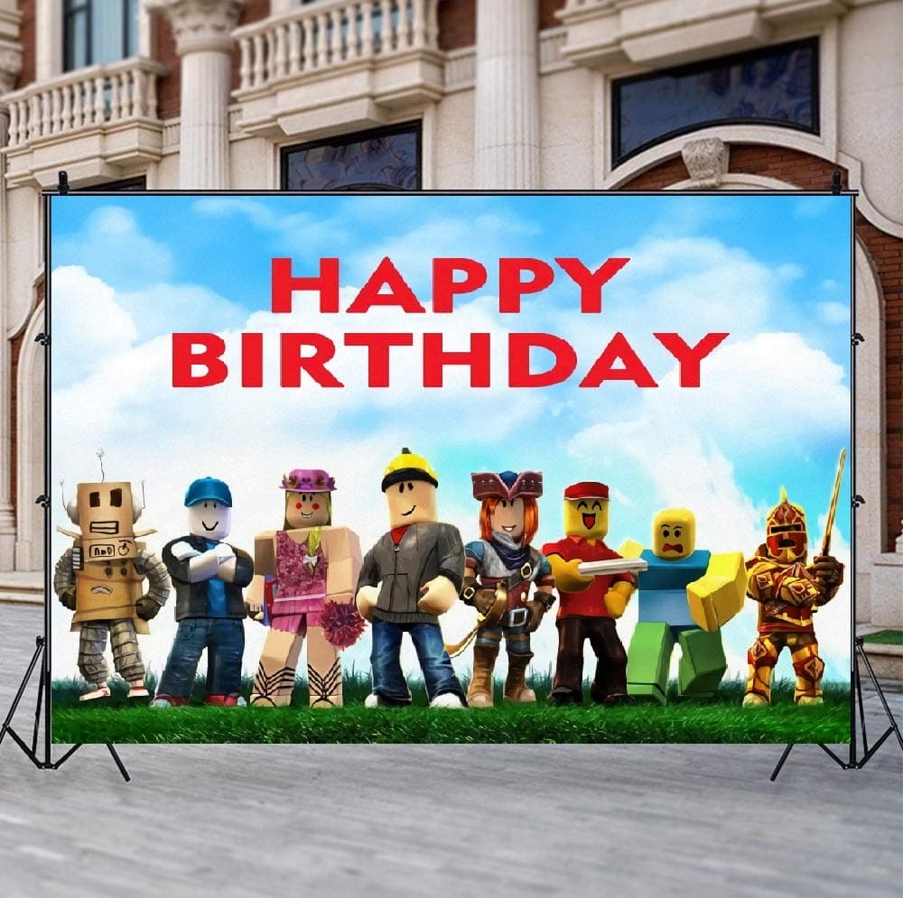 Video Game Party Backdrop Decorations Roblox Happy Birthday Backdrop for Boys/Girls Photo Booth Backdrops Blue Sky and White Clouds Roblox Backdrops for Photography Roblox Party Supplies Backdrop