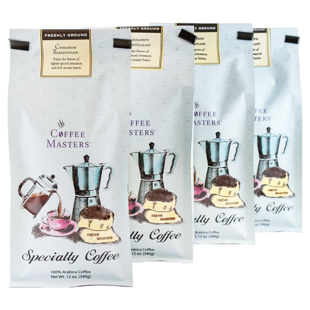 Coffee Masters Flavored Coffee, Cinnamon Buttercream, Ground, 12-Ounce Bags (Pack of 4)