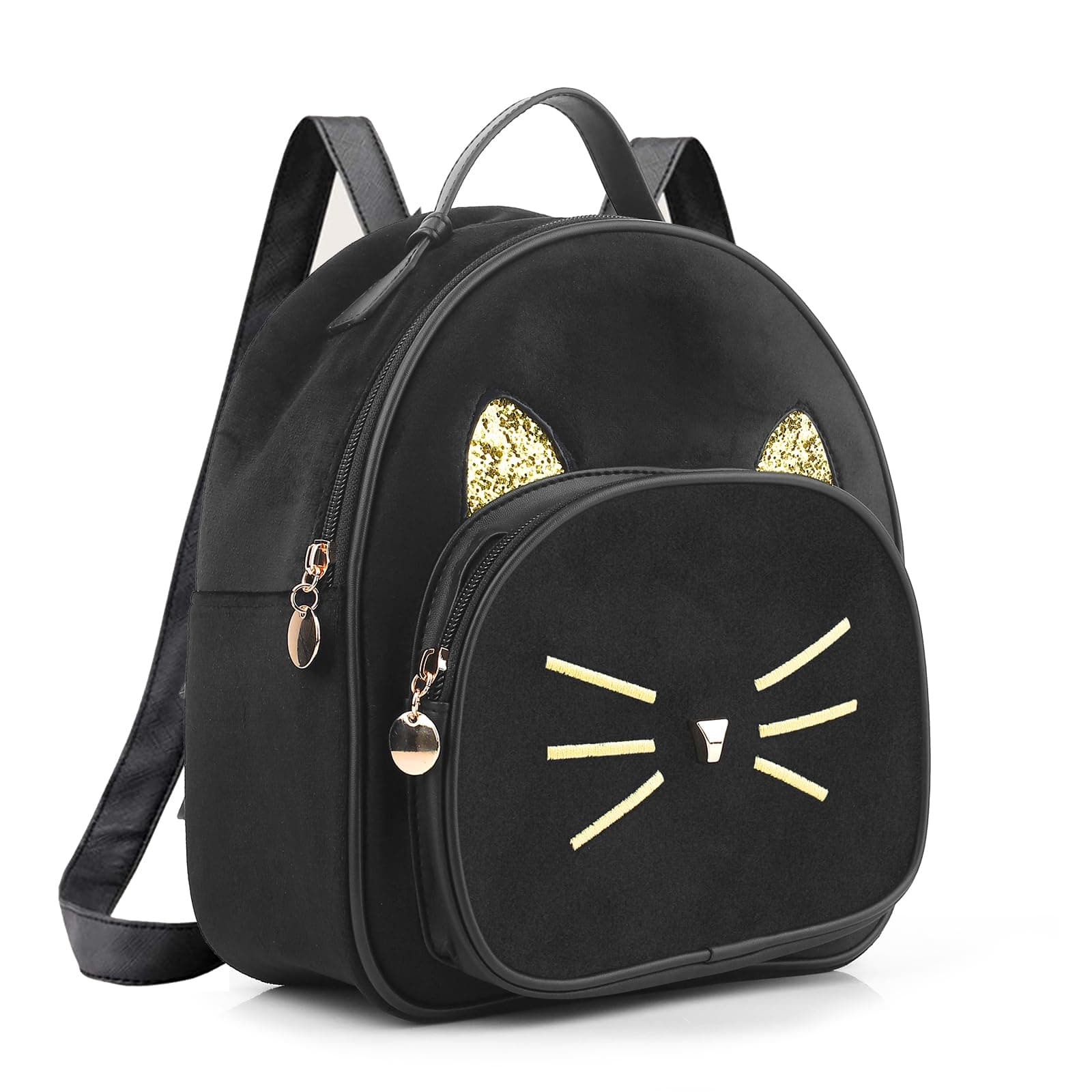 Teen Girls Cute Cat Velvet Backpack Daypack Portable Shoulder Bag,Small, Black, S, Soft