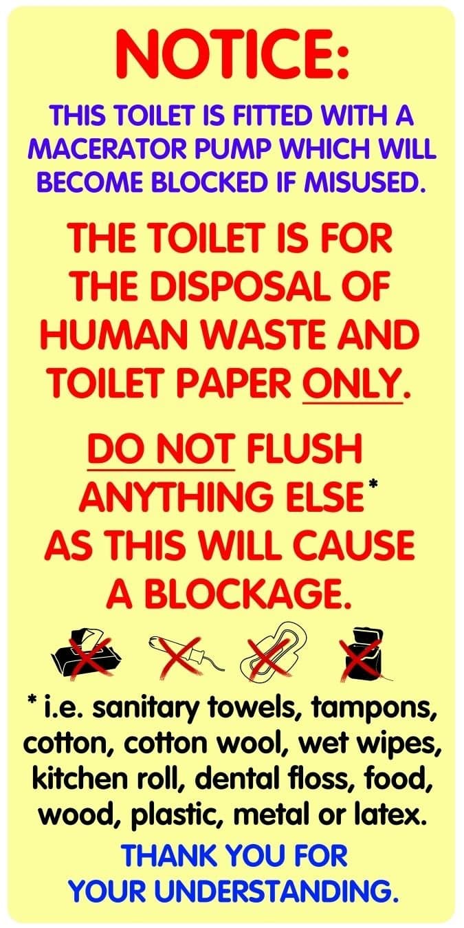 Pair of Waterproof Warning Notices/Sticker Signs for Macerator Toilets. Fits Saniflo.