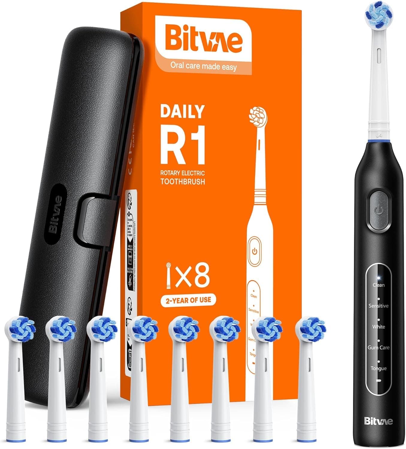 Bitvae R1 Rotating Electric Toothbrush with 8 Brush Heads for Adults and Kids, 60-Day Battery Life, 5 Modes Rechargeable Power Toothbrush with 2-Minute Smart Timer, Black