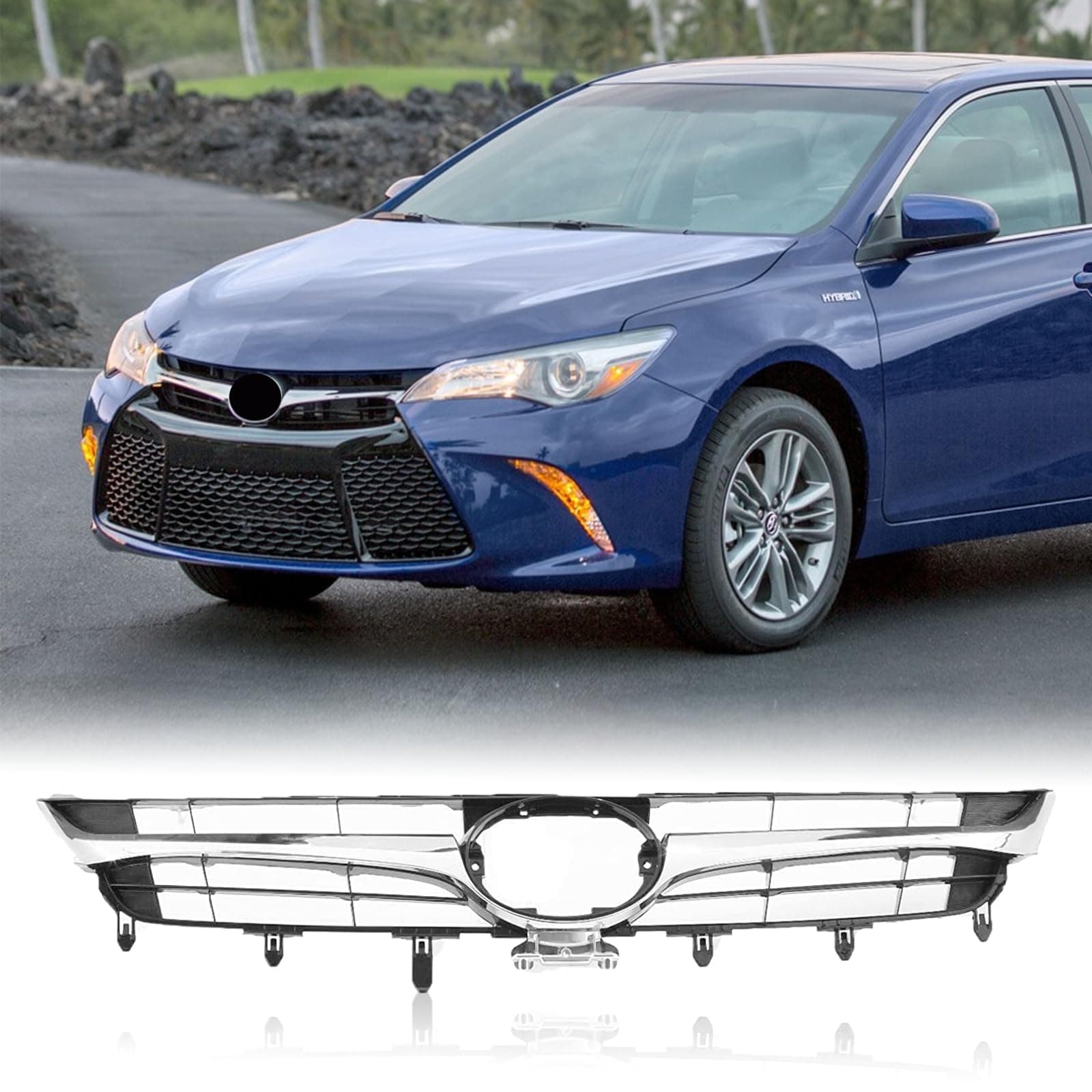 Front Bumper Upper Grille for 2015 2016 2017 Toyota Camry LE SE XLE XSE, Black and Chrome Front Upper Grill Replace for 5310106411 TO1200377