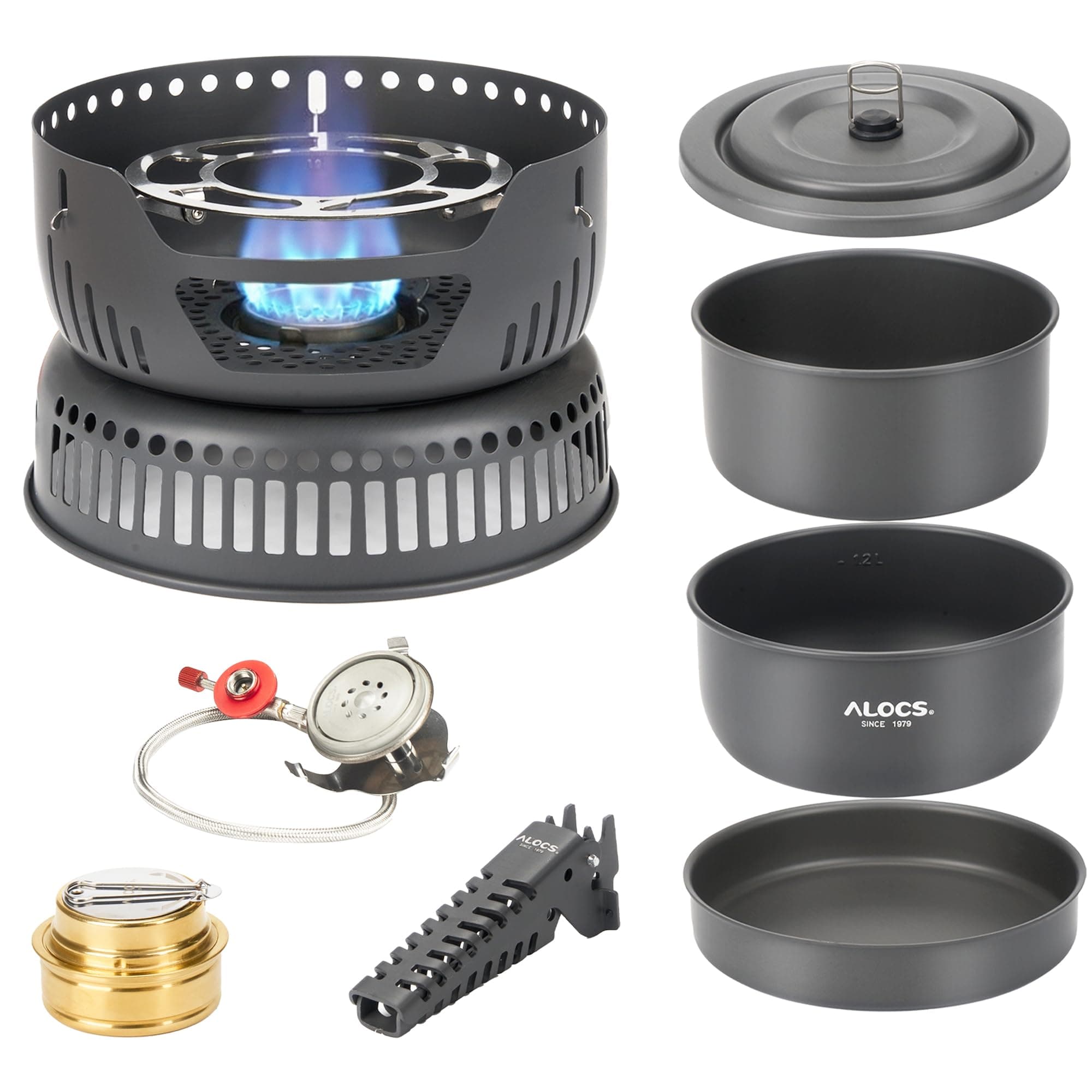 ALOCS 11-Piece Lightweight Camping Cookware Set With Alcohol & Gas Stove Burner, Portable Cooking Gear for Hiking & Outdoor Picnics