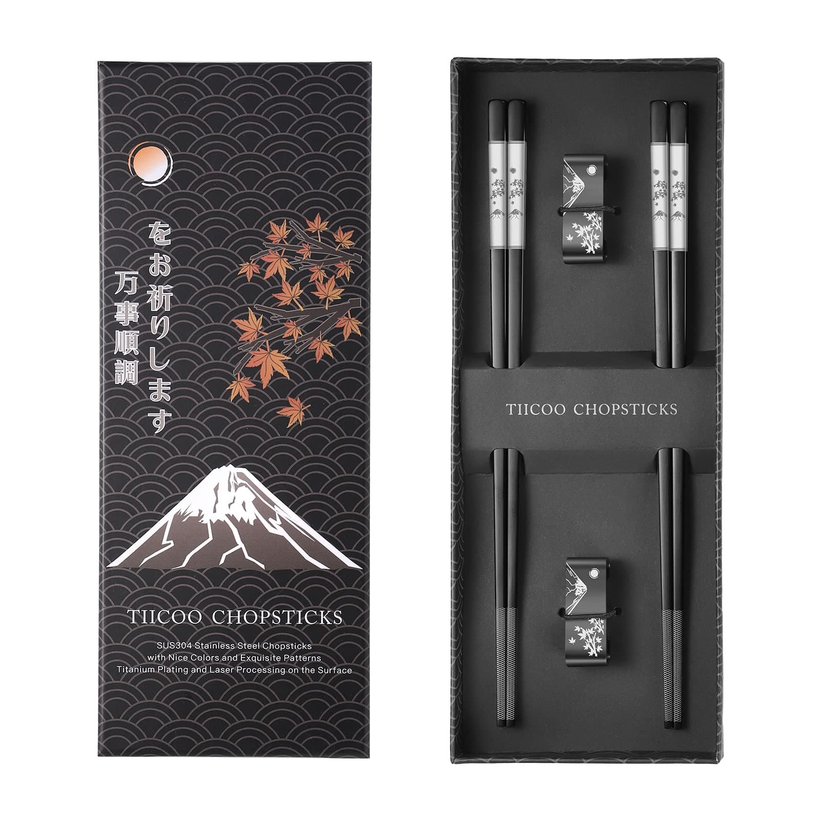 Stainless Steel Chopsticks - 2 Pairs Reusable Titanium 18/8 With Holder, Dishwasher Safe Lightweight Metal Japanese Gift Set (Black)