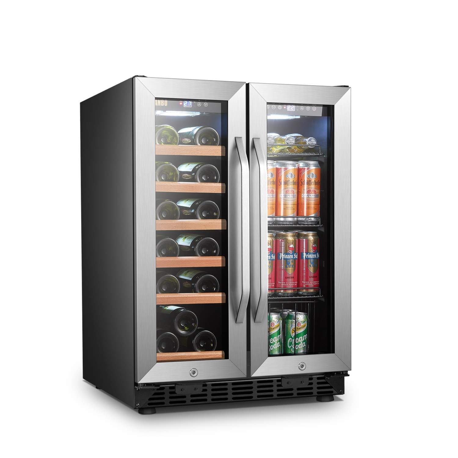 Lanbo Lockable Compact Stainless Steel Versatile 18 Bottle/55 Can Wine, Pop/Soda, and Adult Beverage Refrigerator