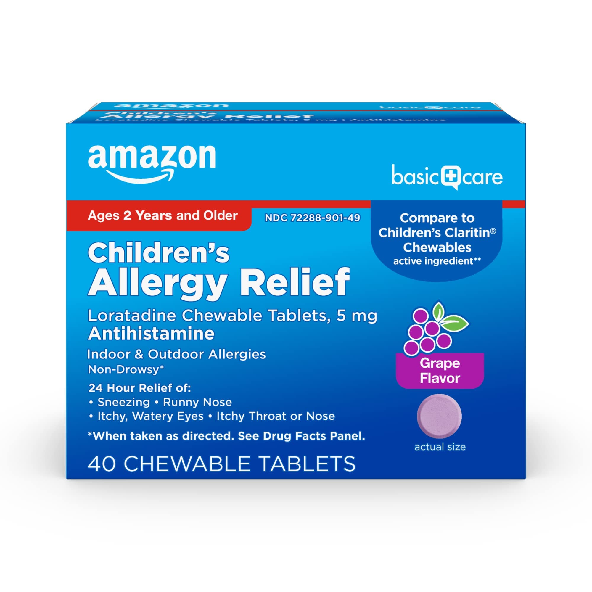 Children's Allergy Relief, Loratadine Chewable Tablets, 5 mg, 24 Hour Medicine, Grape Flavored, Ages 2 and up, 40 Count