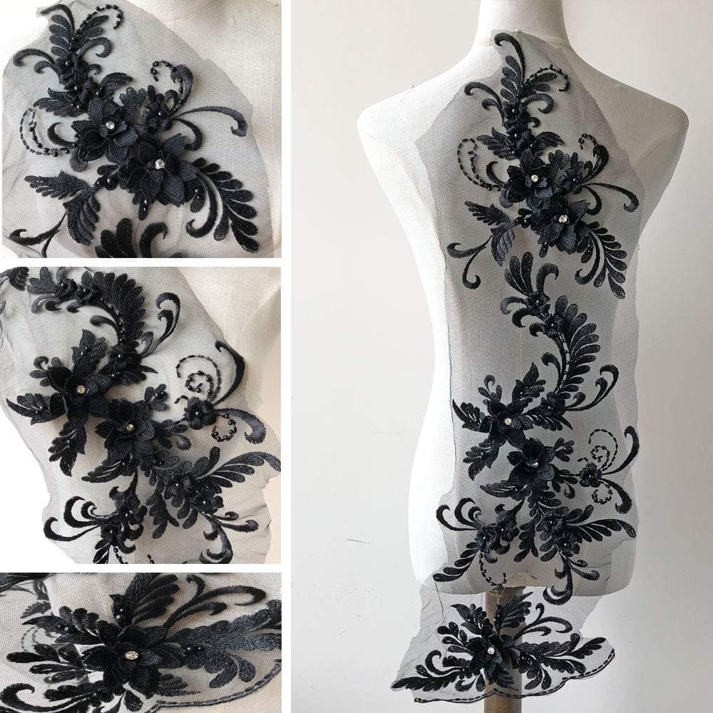 3D Beaded Flower Embroidery Lace Patch Applique Crystal Sewing Lace Motif for Dance Costumes Ballgown (Black)