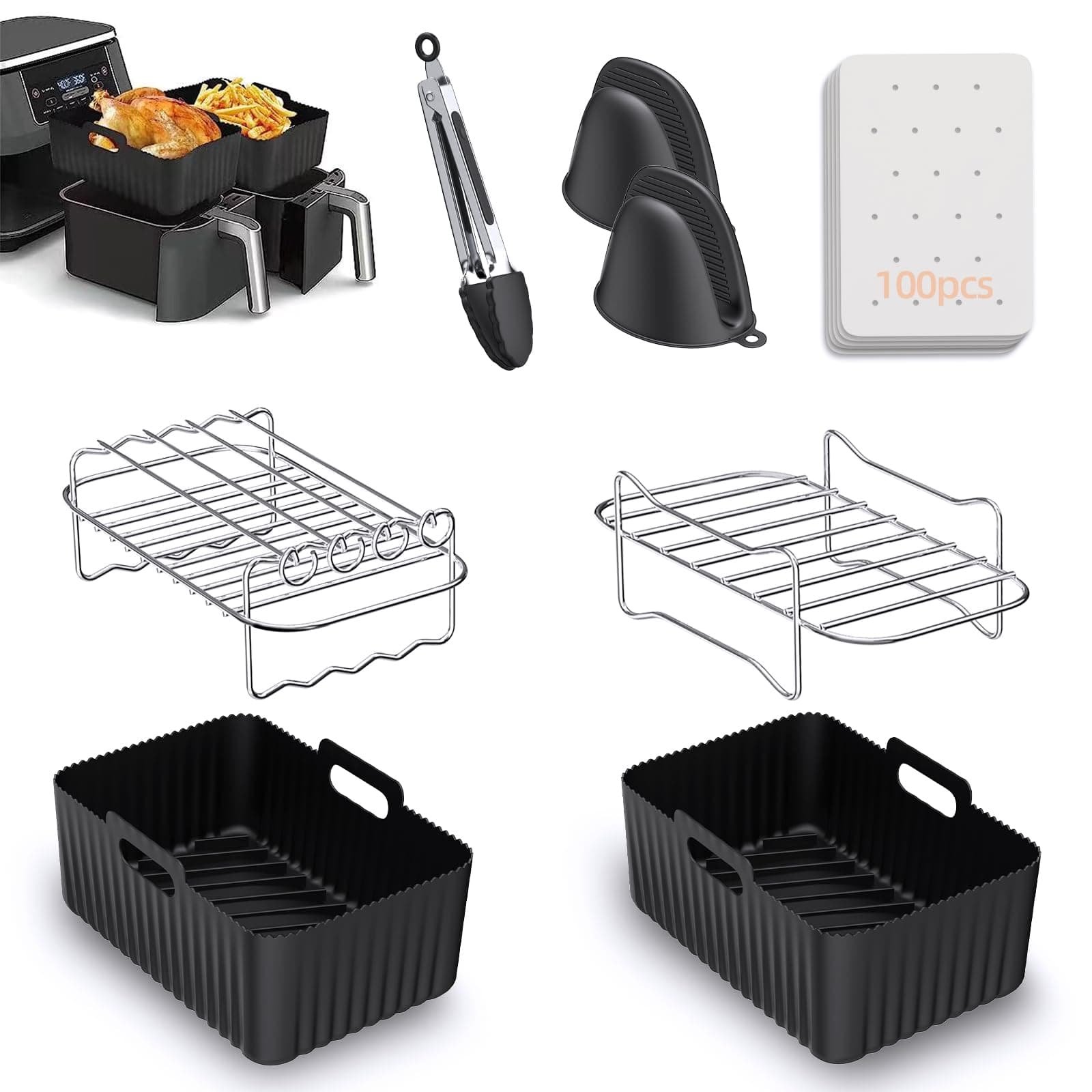 Air Fryer Accessories, 11 Pcs for Ninja Dual Air Fryer Liners 7.6-9.5L Silicone Liners, Air Fryer AF300UK, AF400UK & Tower Including Grill, Glove, Racks, Spatula, Brush, Clip