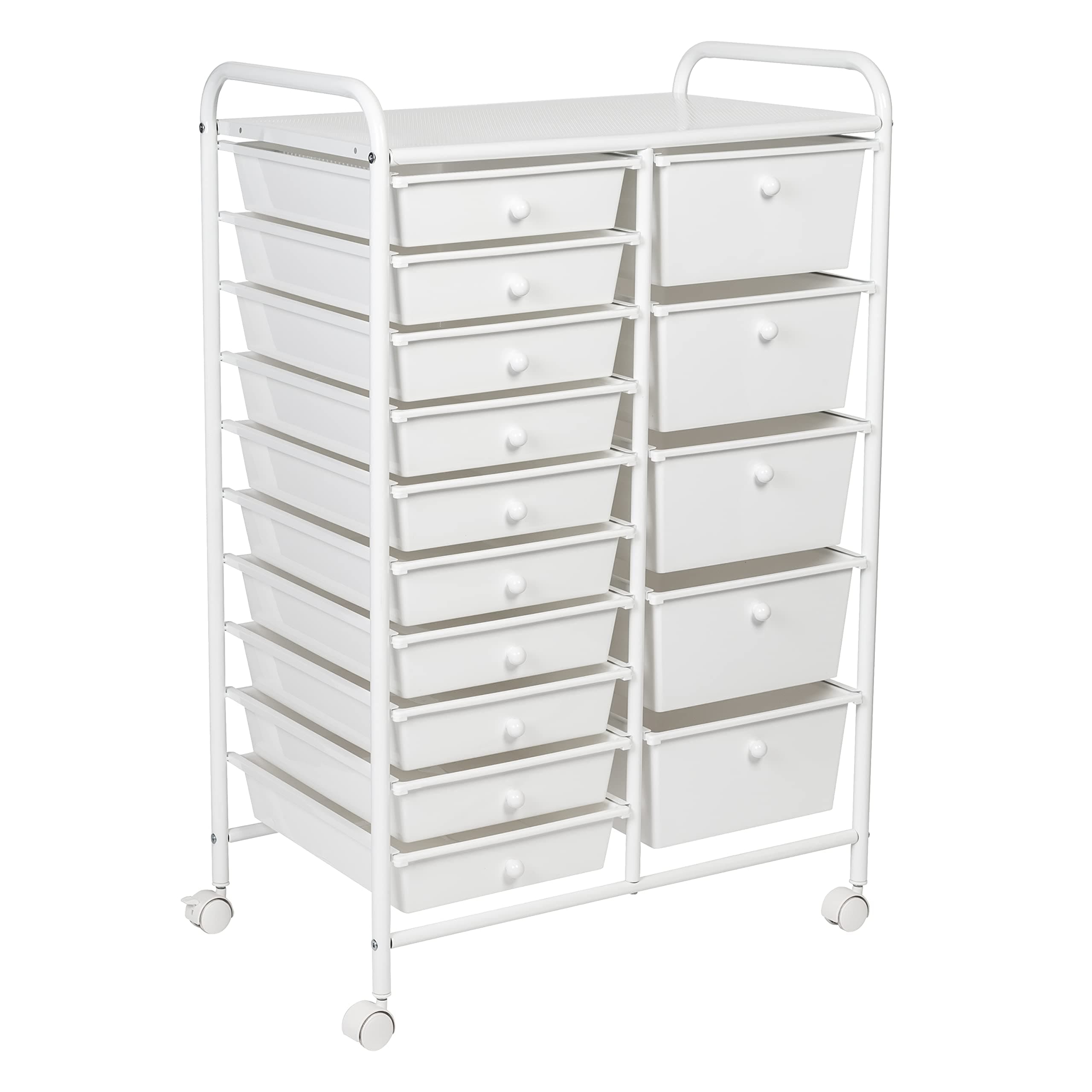 15-Drawer Metal Rolling Storage Cart, White Steel Multi-Purpose Organizer with Wheels, Heavy Duty Mobile Utility Trolley for Home Office, School, and Craft Supplies