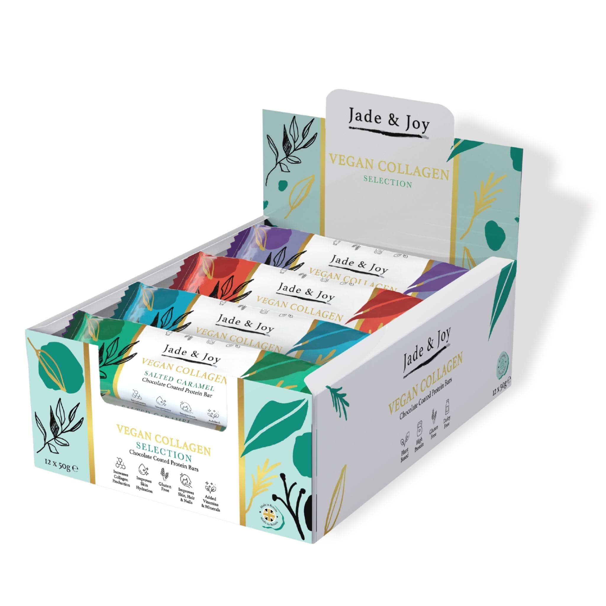 Collagen Protein Bars, 12 Bar Selection Box, 15g Protein, 2.5g of Plant Collagen, Hyaluronic Acid, Low Sugar, High Fibre, Low Calories, Gluten Free, Dairy Free, Vitamins & Minerals, 12x50g