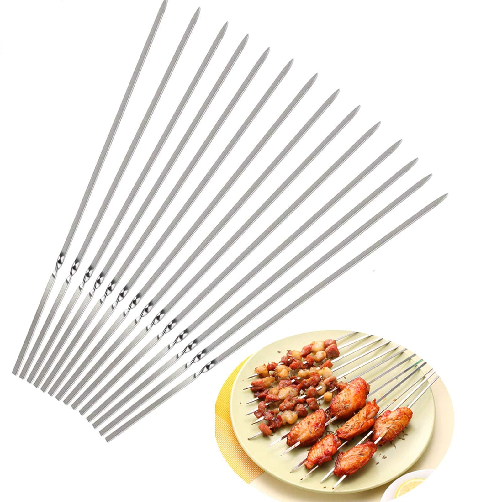 U-HOOME Barbecue Skewers Stainless Steel 16'' Flat Metal Grilling Skewers Set, Reusable BBQ Sticks Set of 20