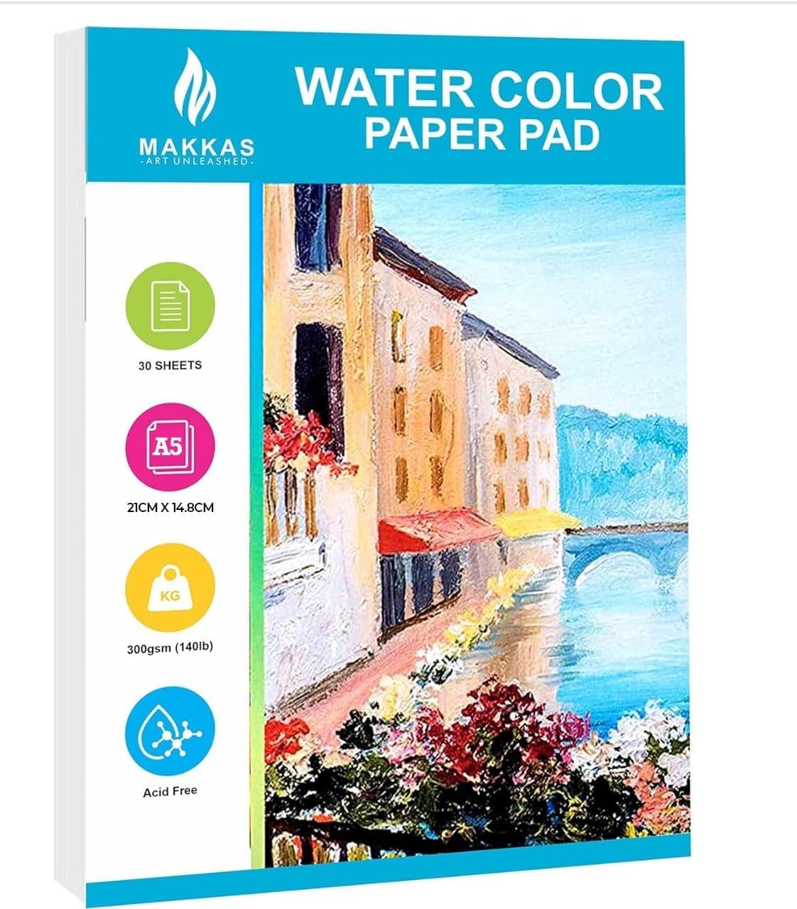 Makkas Watercolour Paper Pad A5 30 Sheets 140lb / 300gsm Cotton Blend Student Grade | Includes Pad Only | Cold Pressed & Acid Free Watercolour Sketchbook