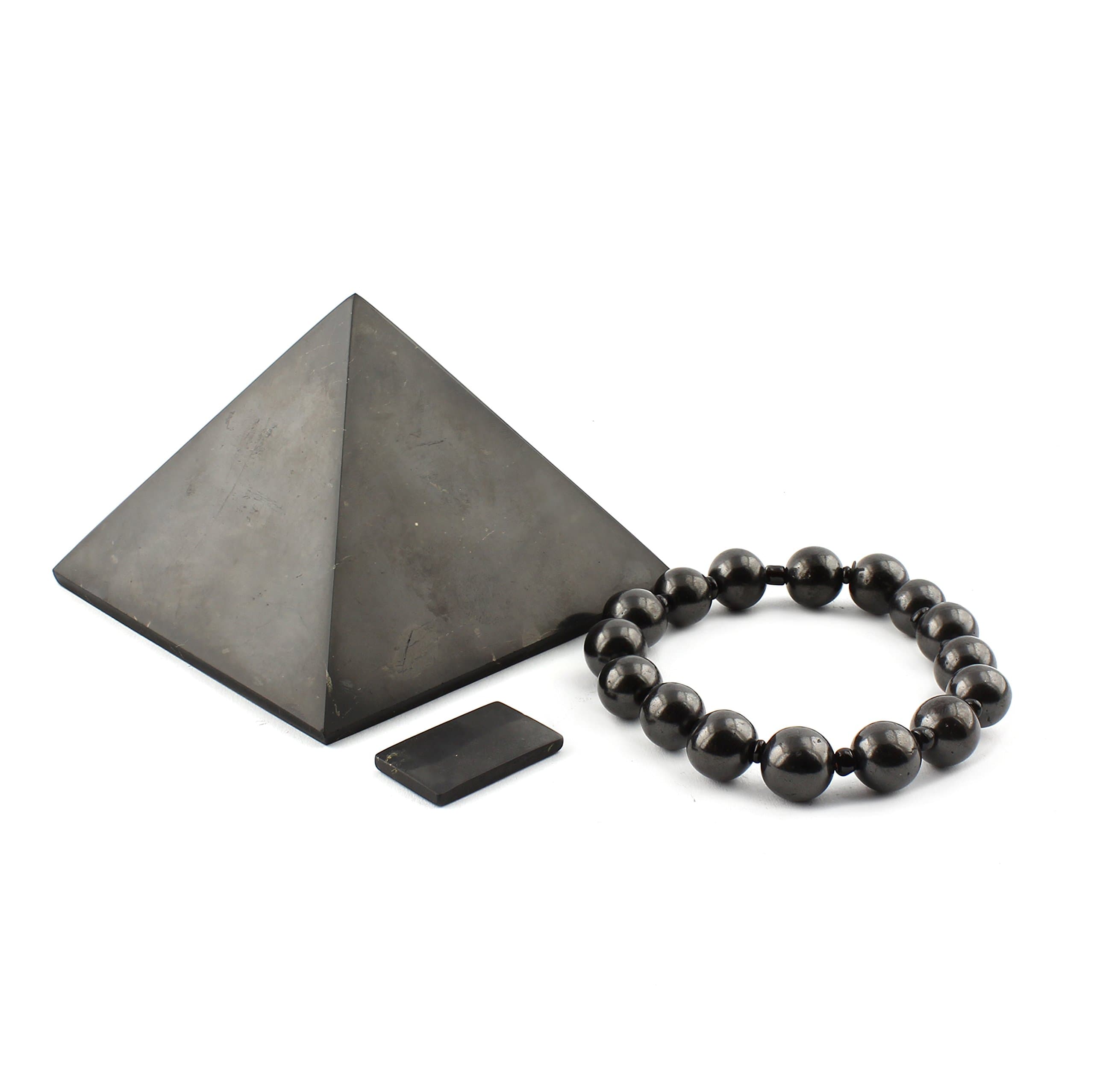 Heka Naturals Polished Shungite Pyramid (8 cm), Stretchy Bracelet & Rectangular Phone Plate | Home Decor, Shungite Sticker Plate - Chakra Stones Healing Crystals Spiritual Jewellery