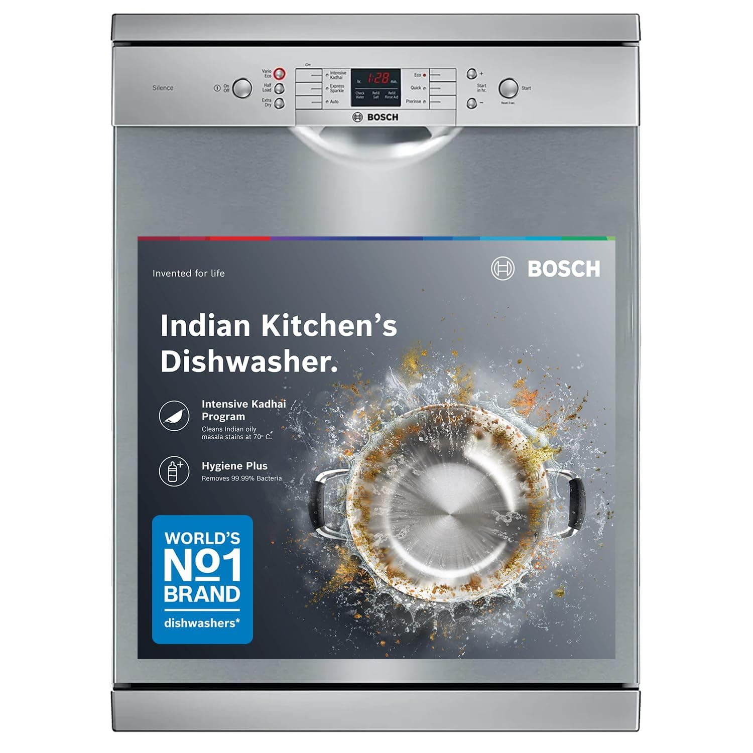 Bosch 13 Place Setting (fits up to 70 utensils) Free-Standing Dishwasher for Indian Utensils | Hygiene+ & Intensive Kadhai Program (SMS66GI01I, Inbuilt Heater, Removes 99.9% Germs, Silver Inox)