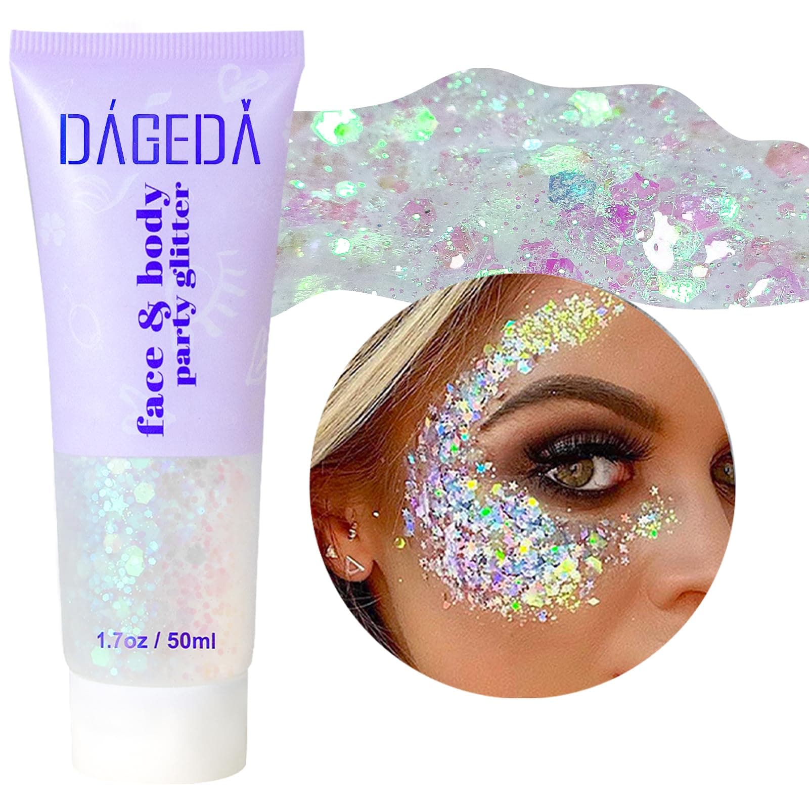 DAGEDA Body Glitter Gel, Face Glitter Body Gel Sequins Shimmer Liquid Eyeshadow, Chunky Glitter for Face Hair Nails, Holographic Cosmetic Laser Powder Festival Glitter Makeup 50ml(White)
