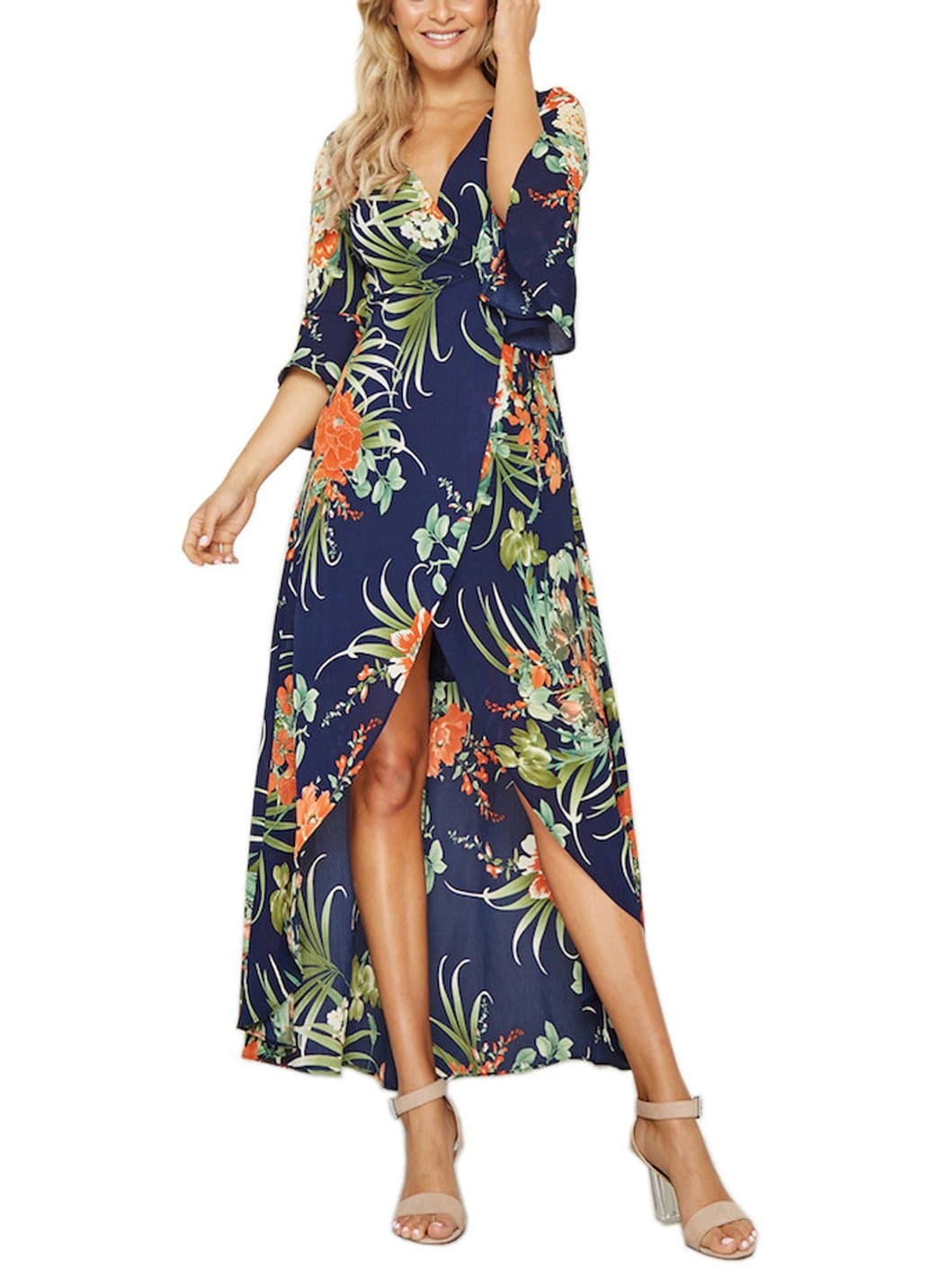 Siyinfushi Women Sexy V-neck Floral Split High Waist Sleeve Bohemian Maxi Dress 02-shenla, X-Large