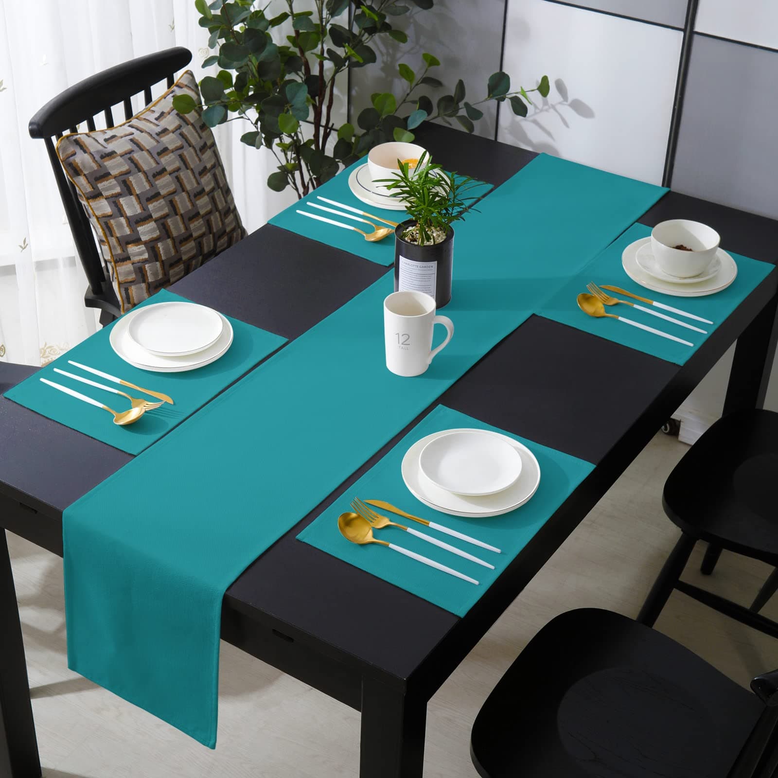 Teal Table Runner and Placemats Set of 4 Blue Green Solid Color Cotton Linen Dining Table Runner 90 Inch and Washable Table Mats 4 Pcs Kits for Home Kitchen Decor