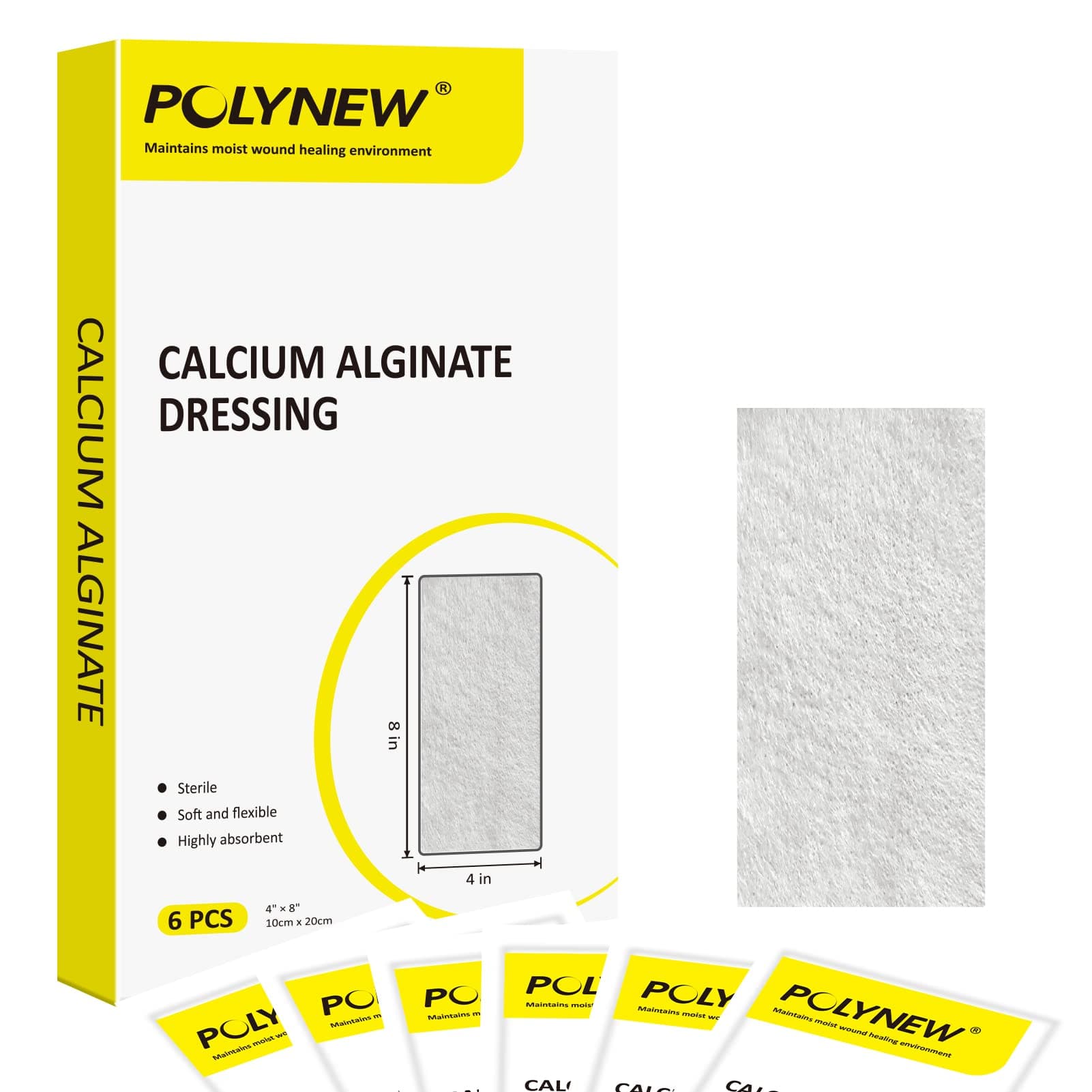 Calcium Alginate Wound Dressing, 4"x8"-6 Individual Package, Non-Stick, Soft and Flexible Highly Absorbent Wound Dressing Pads for Burns, Ulcers, Skin Abrasions, Exudate Wounds