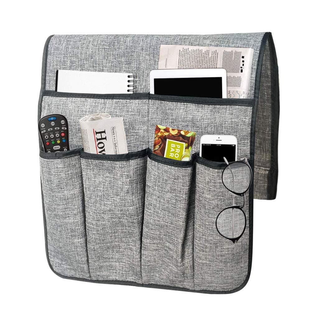Anti-Slip Luxury Sofa Armrest Caddy Pocket Organizer for Couch Armchair Loveseat, Cotton Linen Cloth Armrest Storage Organizer for Phone, Book, Magazines, Armchair Remote Control Holder (Grey)