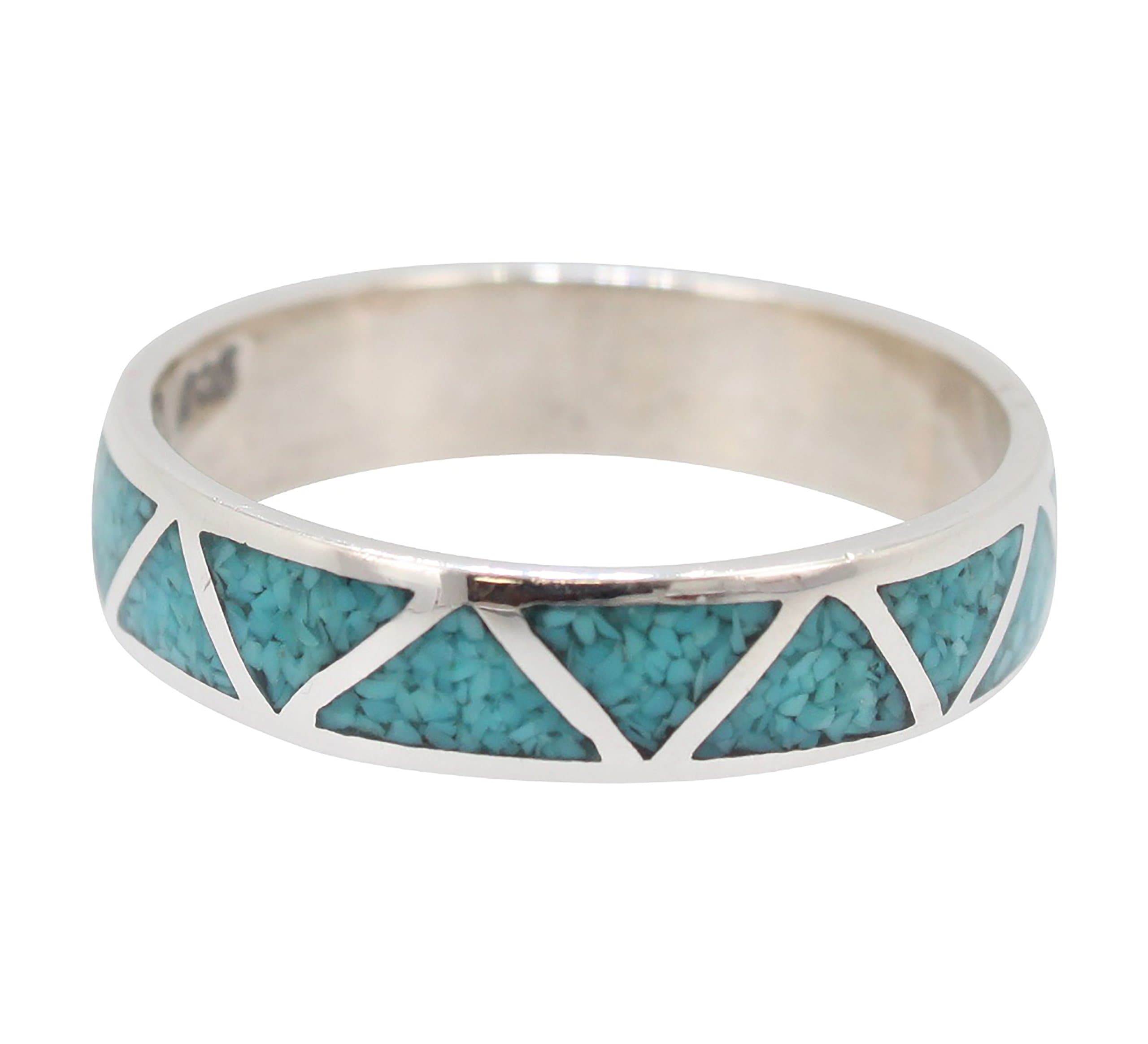 Southwestern Chevron Band Ring with Stabilized Turquoise Inlay and Sterling Silver for Men or Women