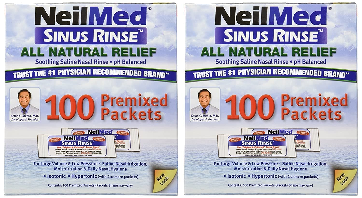 NeilMed Sinus Rinse 100 Premixed Packets – All Natural Nasal Irrigation for Sinus Relief, Moisturization, and Daily Hygiene – Drug-Free, Preservative-Free (Pack of 2)