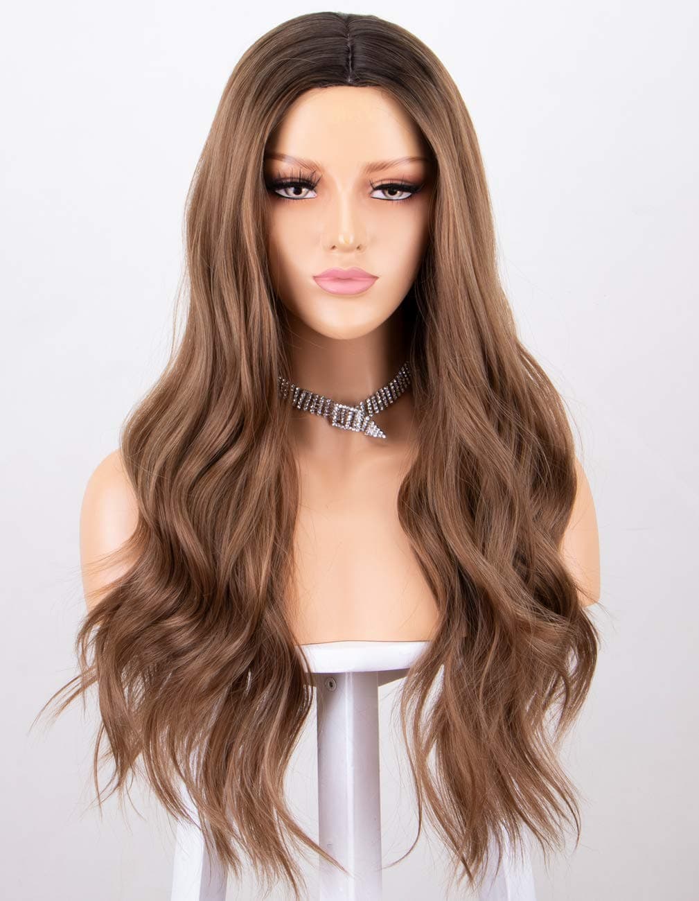 Chantiche Brown Wavy Wig 2 Tones Brown Ombre Wig with Dark Roots Long Brown Wigs for Women Natural Looking Long Wavy Synthetic Wig Full Machine Made Wig